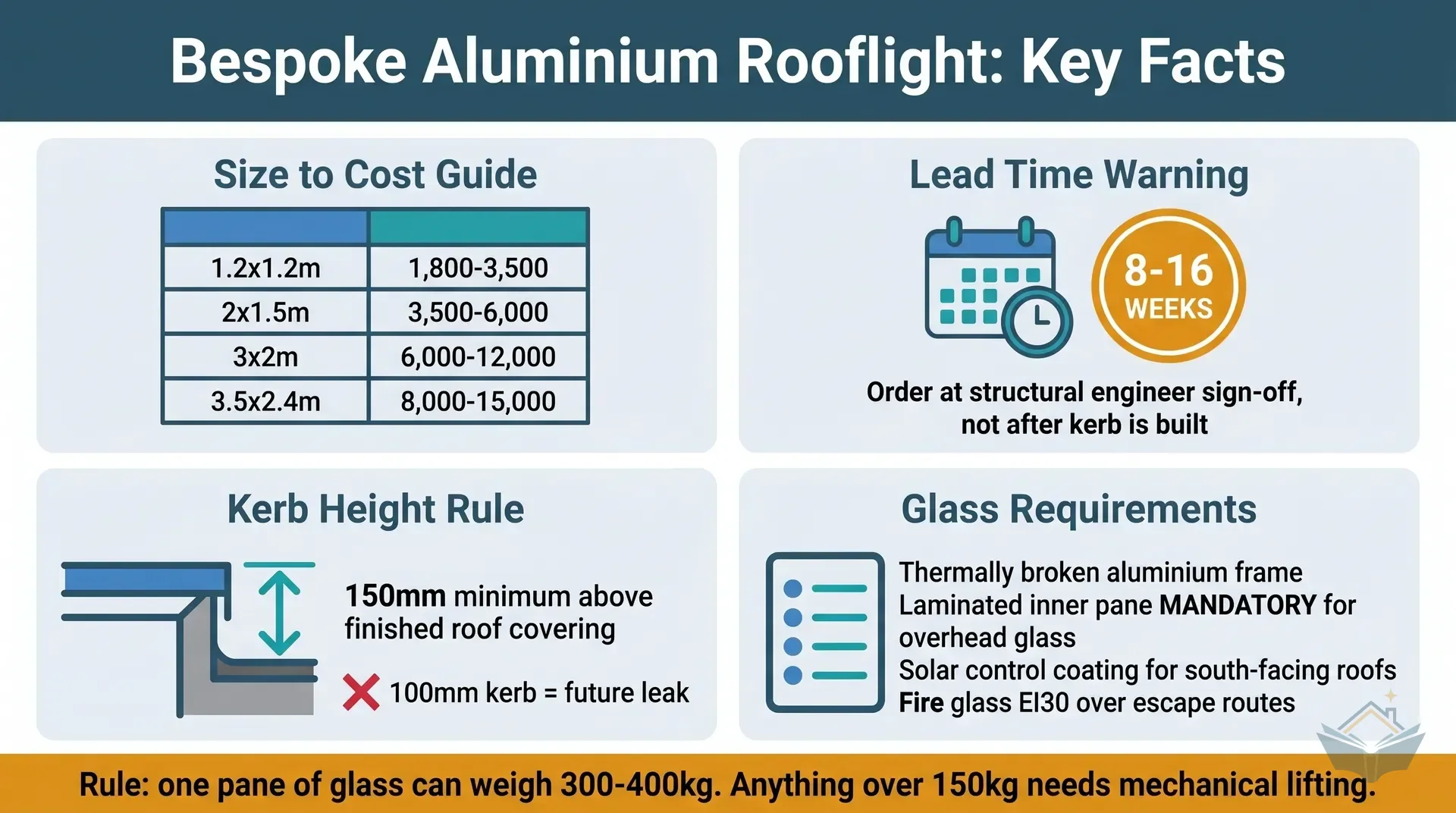 Key facts dashboard for bespoke aluminium rooflights showing five specification panels: typical unit cost range by size, lead time 8-16 weeks, minimum kerb height 150mm, laminated inner pane required by Part K, and solar control glass needed for south-facing roofs per Part O. Teal header bars, amber alert badges for mandatory requirements, white background.
