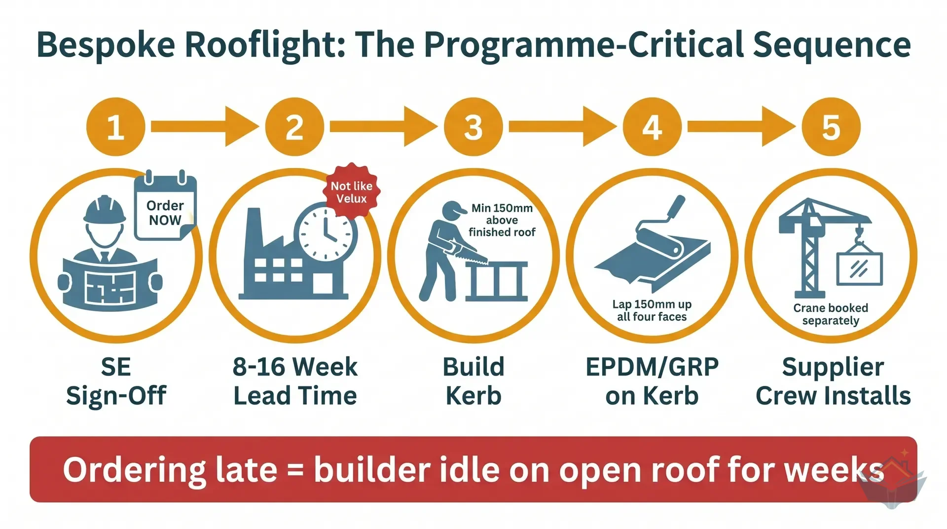 Six-step flat vector process infographic showing the bespoke aluminium rooflight build programme sequence. Step 1: flat roof joists and deck with structural engineer sign-off. Step 2: kerb framed and OSB-sheathed by main contractor. Step 3: warm-roof insulation dressed over deck and up kerb faces. Step 4: EPDM or GRP membrane installed 150mm up kerb faces. Step 5: specialist supplier lifts rooflight onto kerb and seals. Step 6: internal VCL, insulation reveal, plasterboard and plaster finish. Amber numbered circles, teal arrows, dark teal labels on white background.