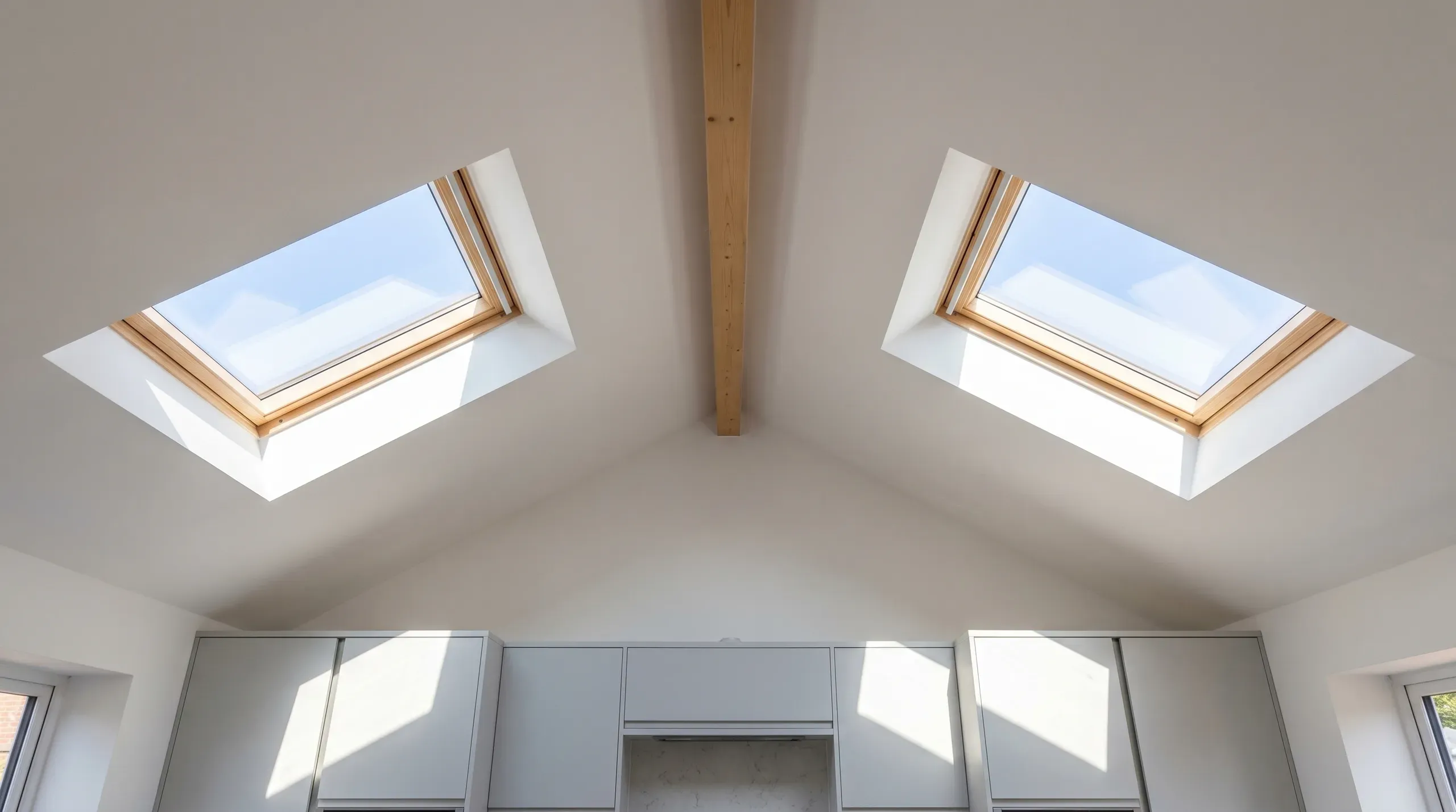 Interior view of a modern kitchen extension with a vaulted ceiling and two symmetrical centre-pivot roof windows set into the roof slope. Natural daylight streams through the glass, illuminating crisp white plasterboard reveals and an exposed timber ridge beam at the apex. Grey handleless kitchen units are visible below.