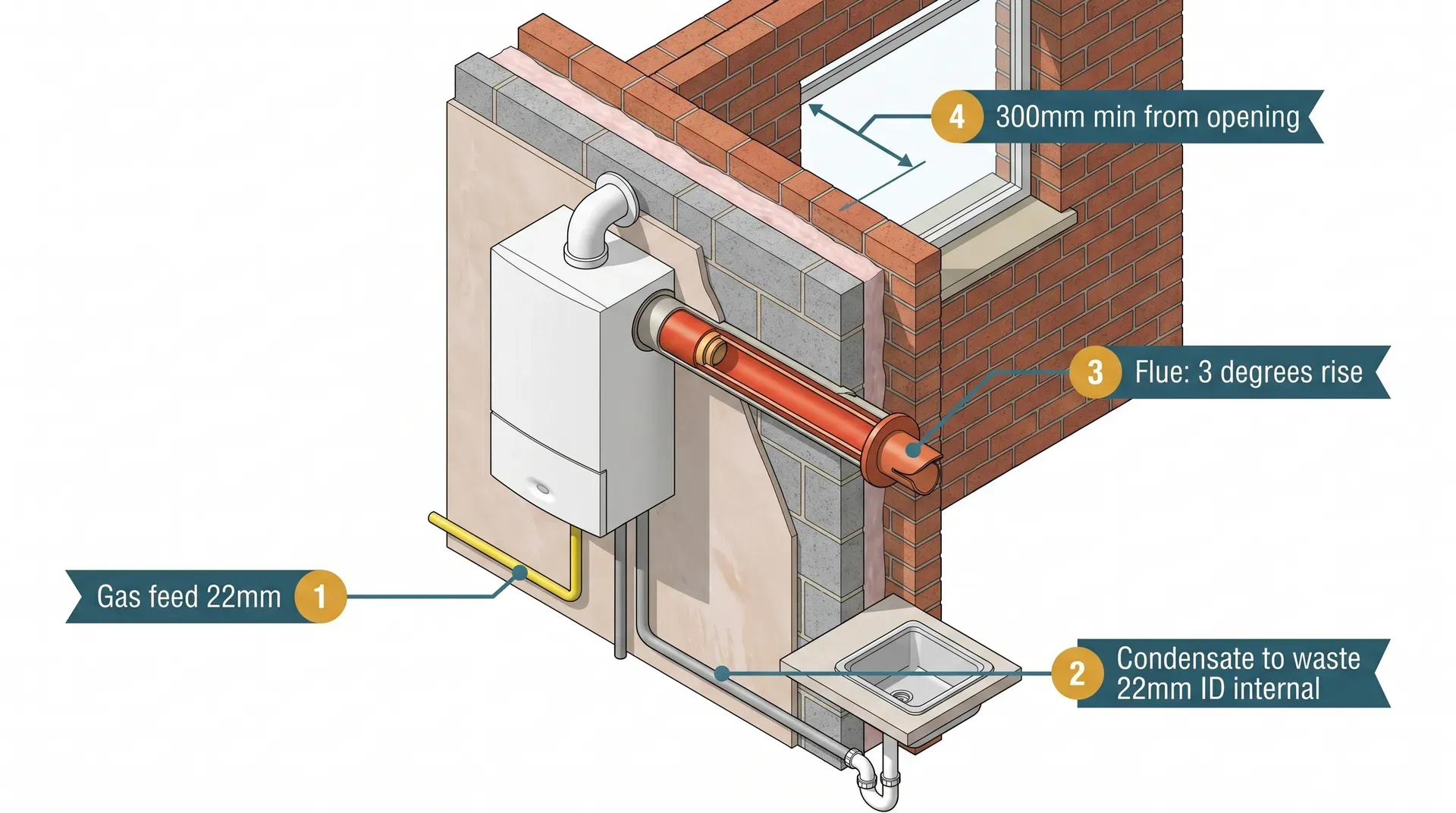 Technical isometric cutaway diagram showing a wall-mounted combi boiler on an external wall with the three critical pipe routes highlighted: a yellow gas feed pipe entering from below, a grey condensate pipe routing internally to a kitchen sink waste, and a red-orange flue pipe exiting horizontally through the wall at a 3-degree rise angle, with a 300mm clearance dimension shown from the flue terminal to the window above.