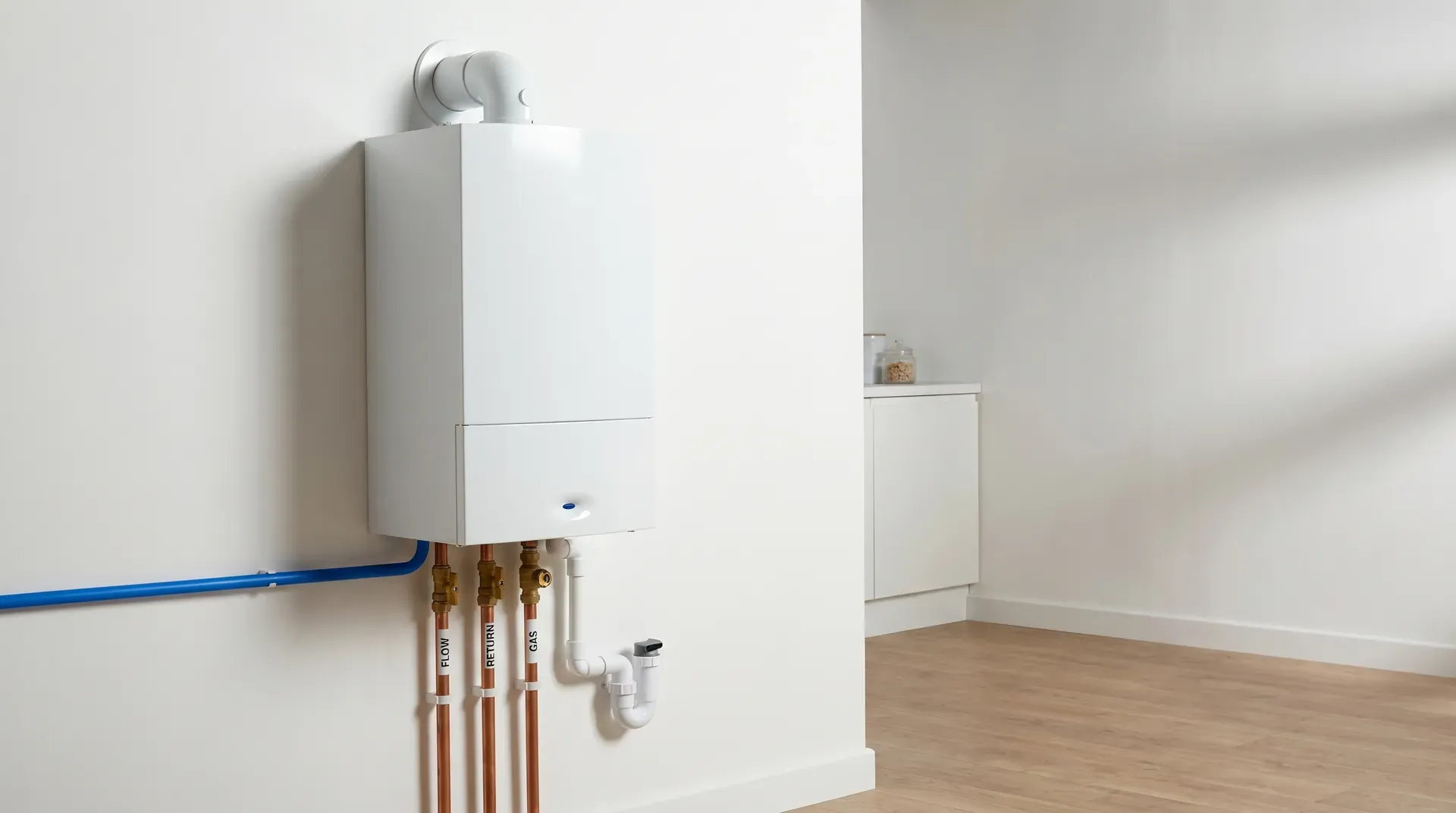 A wall-mounted condensing combi boiler in a modern utility room, with copper flow, return and gas pipes below the unit and a white condensate pipe and horizontal flue visible