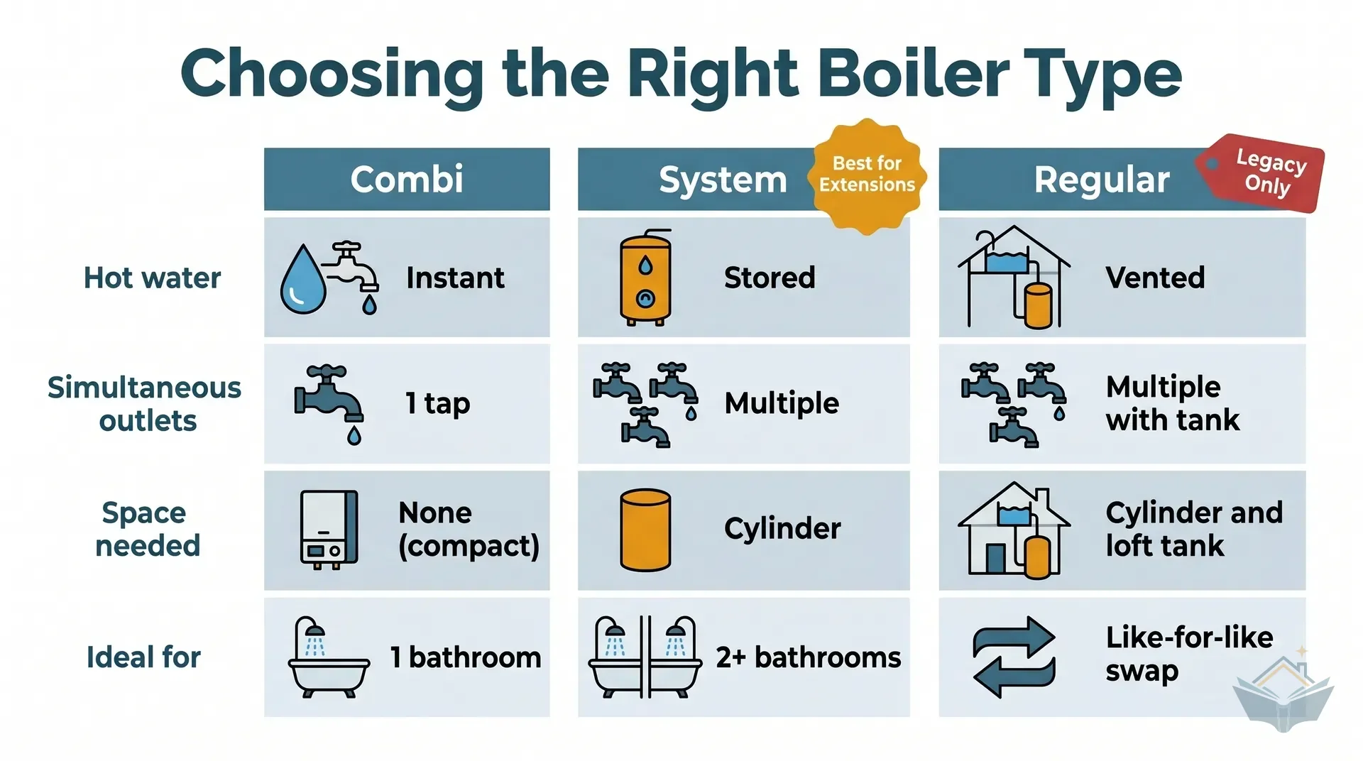 Three-panel flat vector infographic comparing condensing boiler types side by side. Left panel shows a combi boiler with direct cold mains feed and hot water output, no cylinder shown. Centre panel shows a system boiler with an unvented cylinder and labelled hot and cold connections. Right panel shows a regular boiler with a loft cold-water tank and a vented cylinder, with arrows showing gravity feed. Amber numbered badges label each boiler type, teal connection lines, dark teal labels on white background.