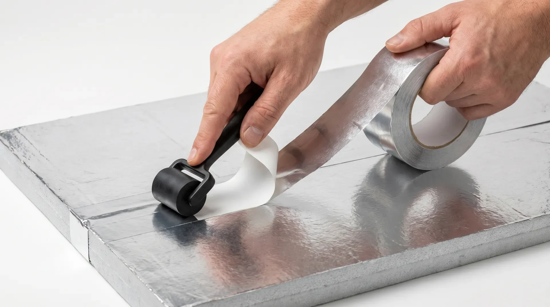 Close-up of two hands applying aluminium foil tape across the joint between two foil-faced PIR insulation boards: one hand pressing a black rubber seam roller firmly along the tape edge while the other feeds the roll, with the white release liner peeling away behind as the tape bonds flat to the foil facing.