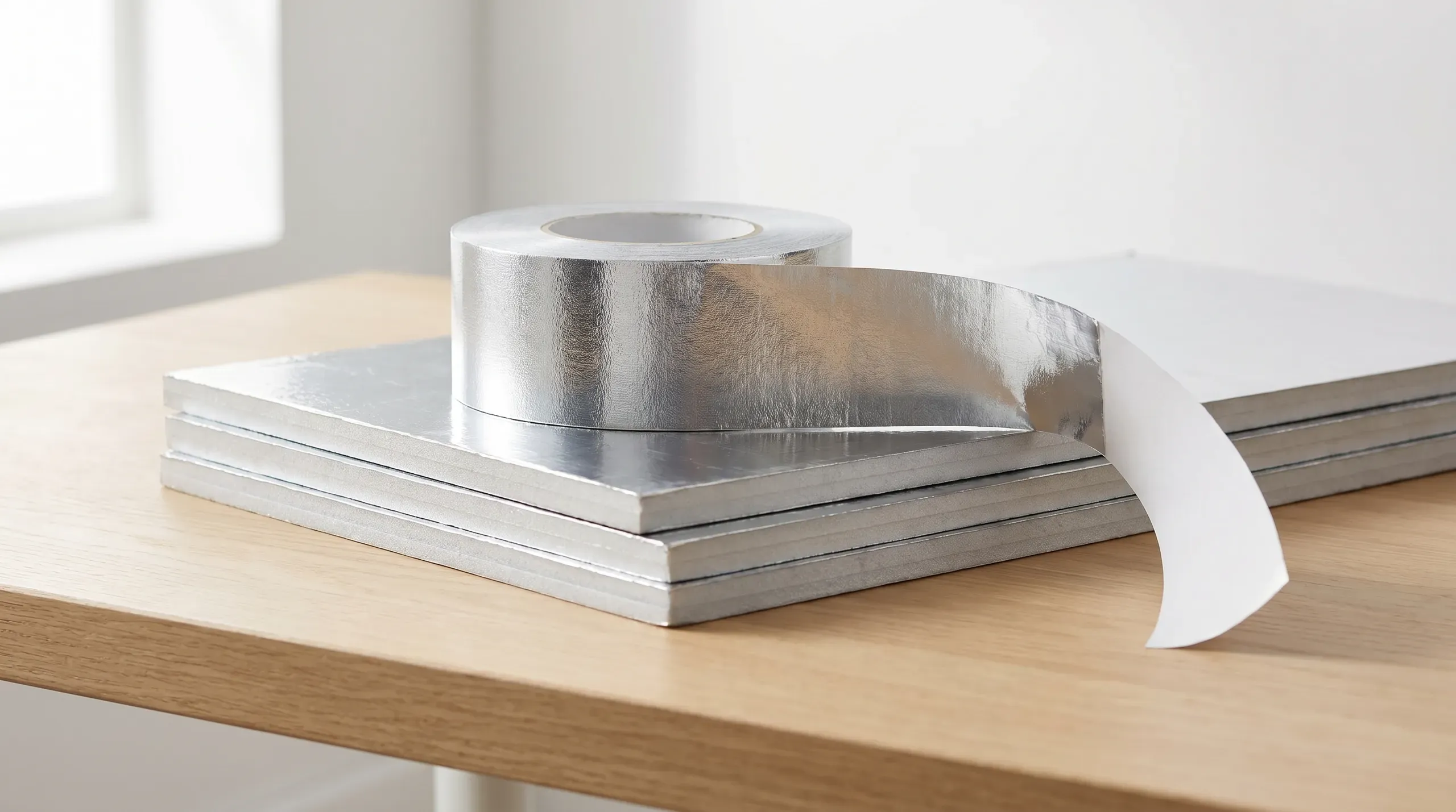 Roll of 75mm wide silver aluminium foil tape on a stack of PIR insulation boards, with the tape partially unrolled showing its reflective surface and white release liner