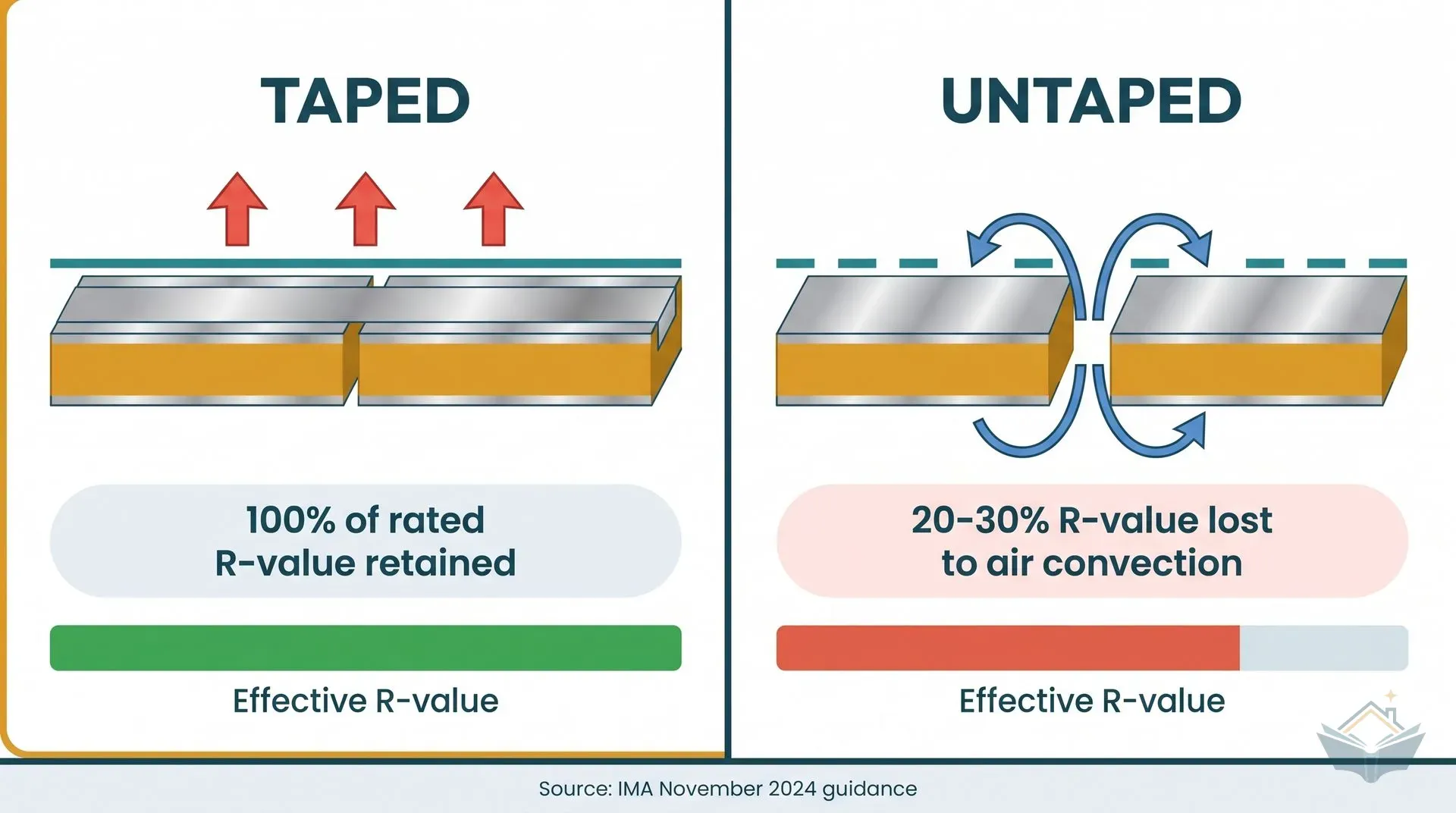 Side-by-side infographic dashboard comparing PIR insulation board joints with and without foil tape. The left TAPED panel shows a sealed joint with upward heat-retention arrows and a full effective R-value bar labelled 100% of rated R-value retained. The right UNTAPED panel shows an open joint with blue convection arrows looping through the gap and a partially-filled bar labelled 20-30% R-value lost to air convection. Source: IMA November 2024 guidance.