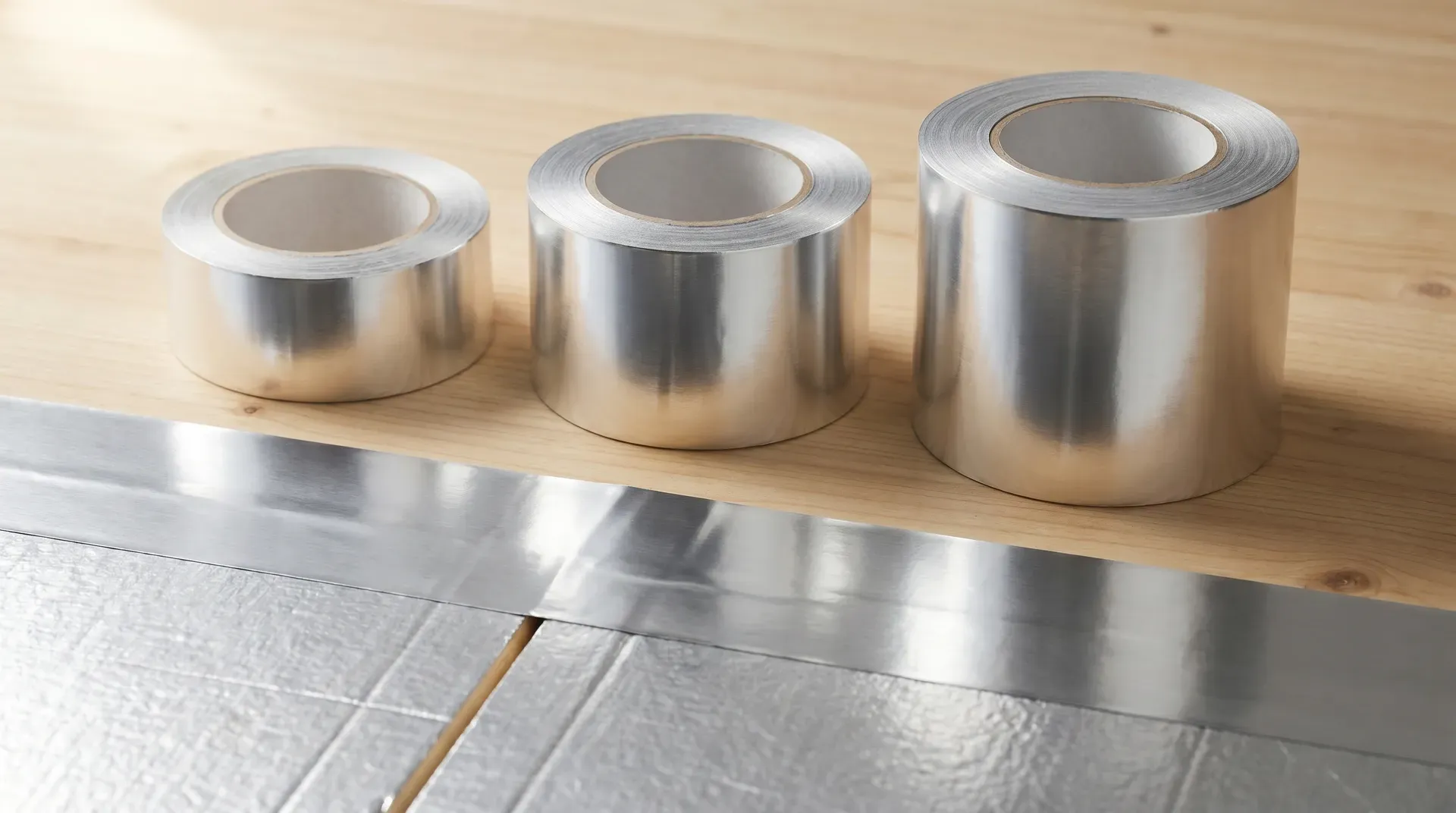 Three rolls of silver aluminium foil tape in increasing widths (50mm, 75mm, 100mm) stood upright on a workbench, with 100mm wide foil tape already applied flat across the joint between two foil-faced PIR insulation boards in the foreground.