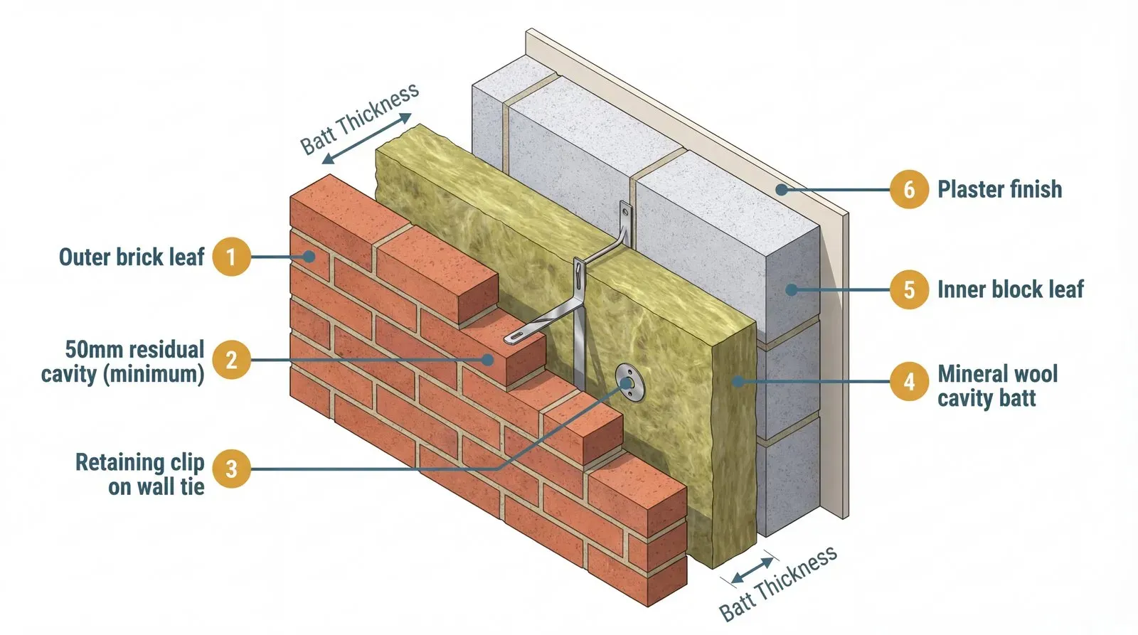 Isometric cutaway of a partial-fill cavity wall showing mineral wool batt held against the inner block leaf with retaining clips, clear residual cavity, and outer brick leaf