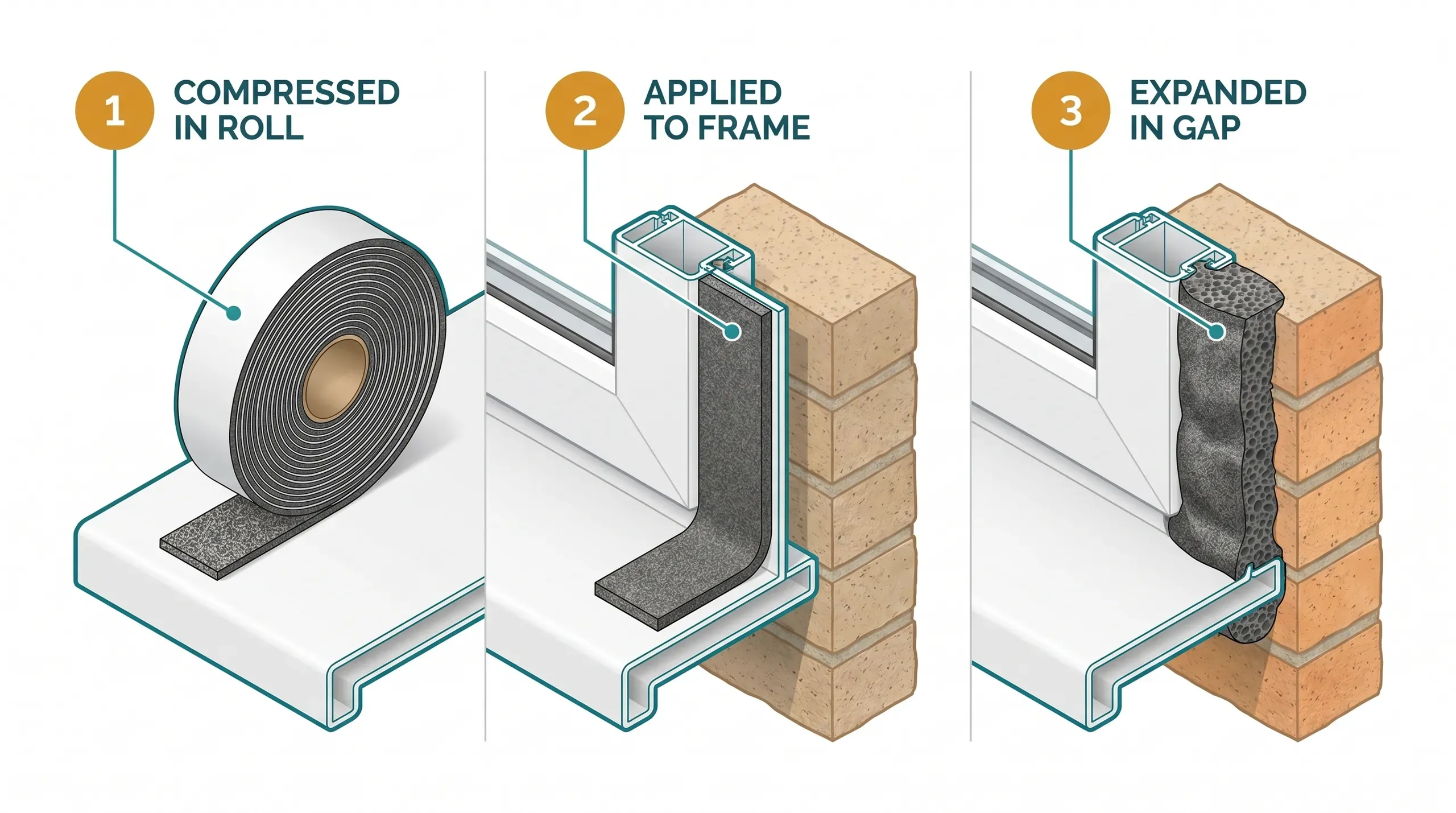 Pre-compressed expanding foam tape applied to the perimeter of a window frame before installation, with the dark grey impregnated foam visible against the white frame and the release paper being peeled away as the tape expands