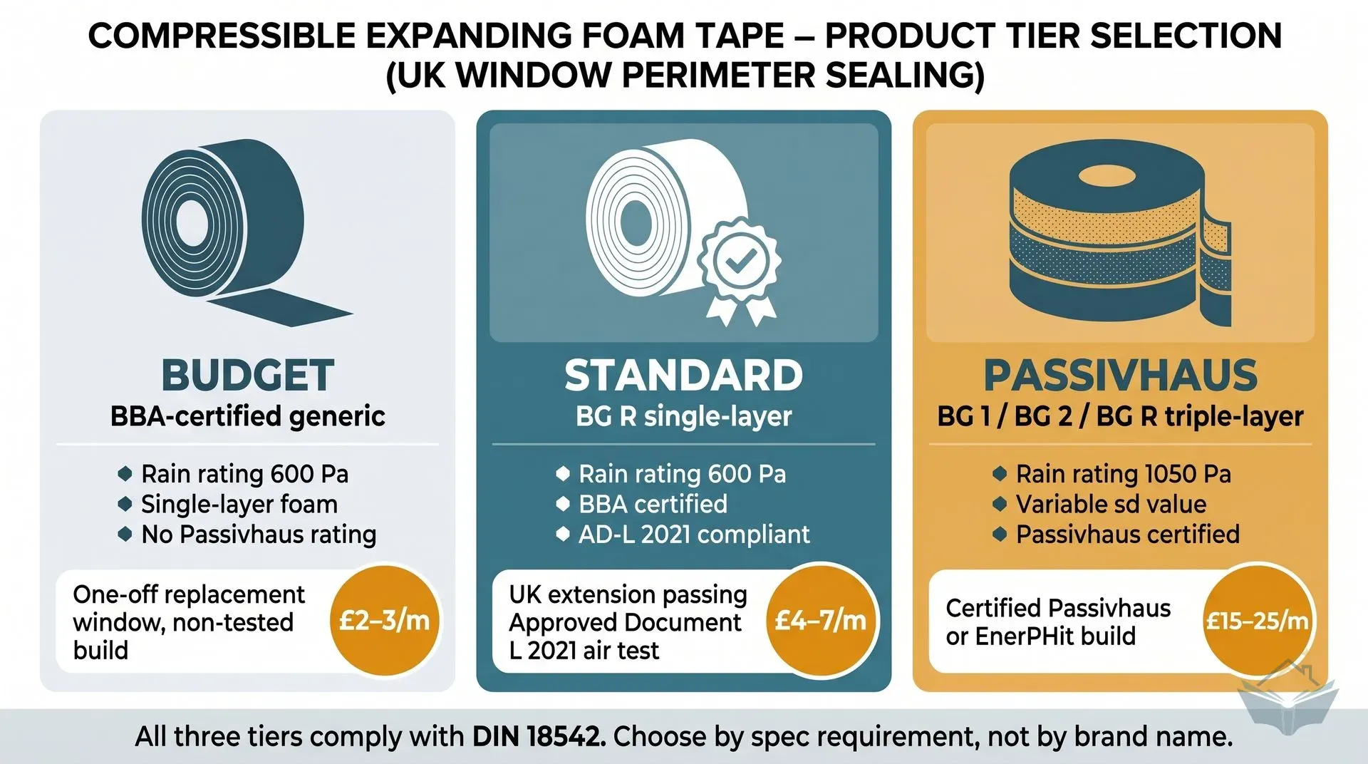Three-panel infographic dashboard comparing Budget, Standard, and Passivhaus tiers of compressible expanding tape, showing rain rating, certification level, and the right project use case for each tier, with price-per-metre badges of £2-3/m, £4-7/m, and £15-25/m respectively.
