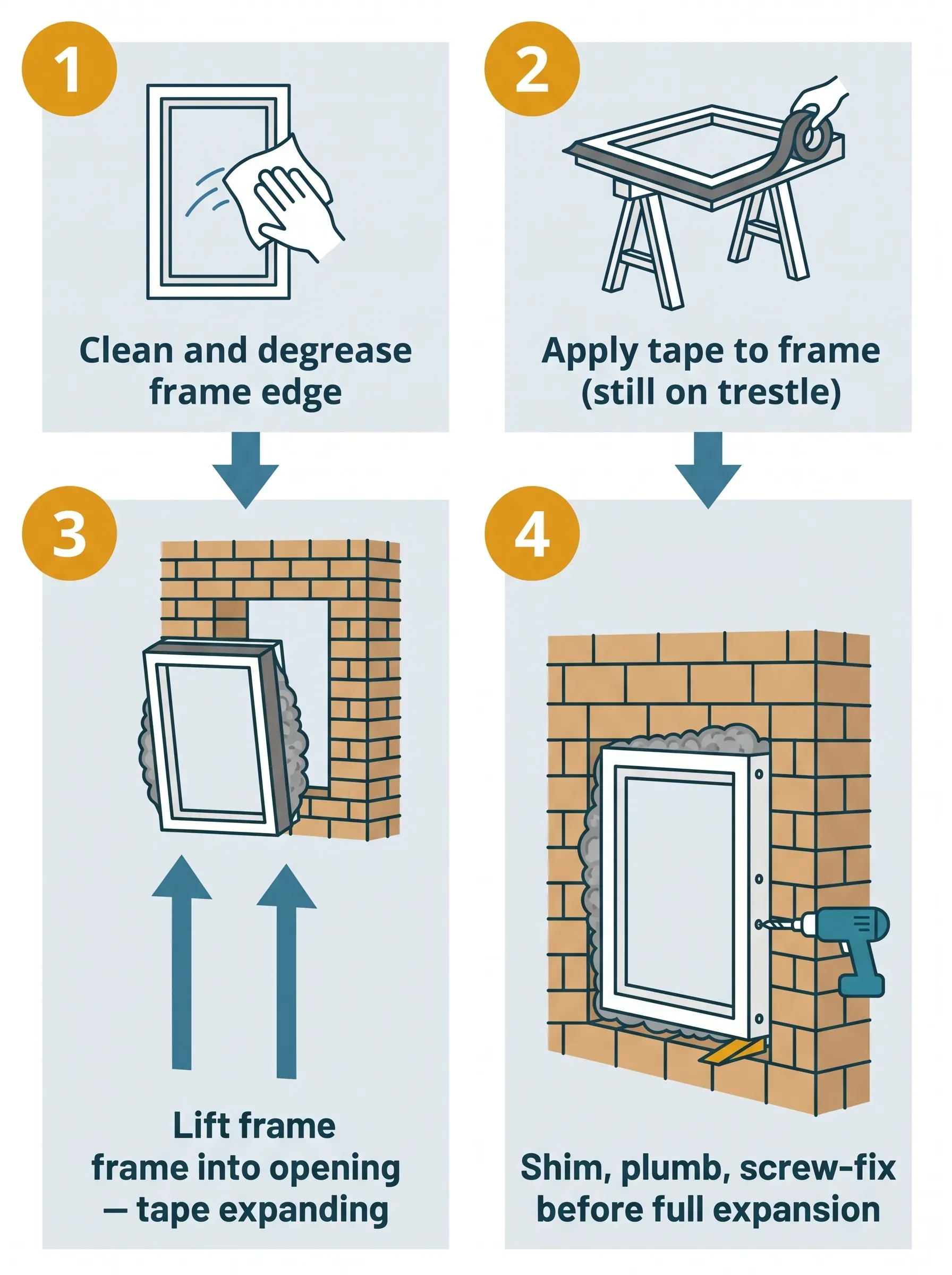 Four-step vertical infographic showing the compressible expanding tape window installation sequence: step 1 clean and degrease the frame edge, step 2 apply tape to the frame perimeter while still on the trestle, step 3 lift the frame into the masonry opening as the tape begins expanding, step 4 shim, plumb and screw-fix the frame before the tape has fully expanded.