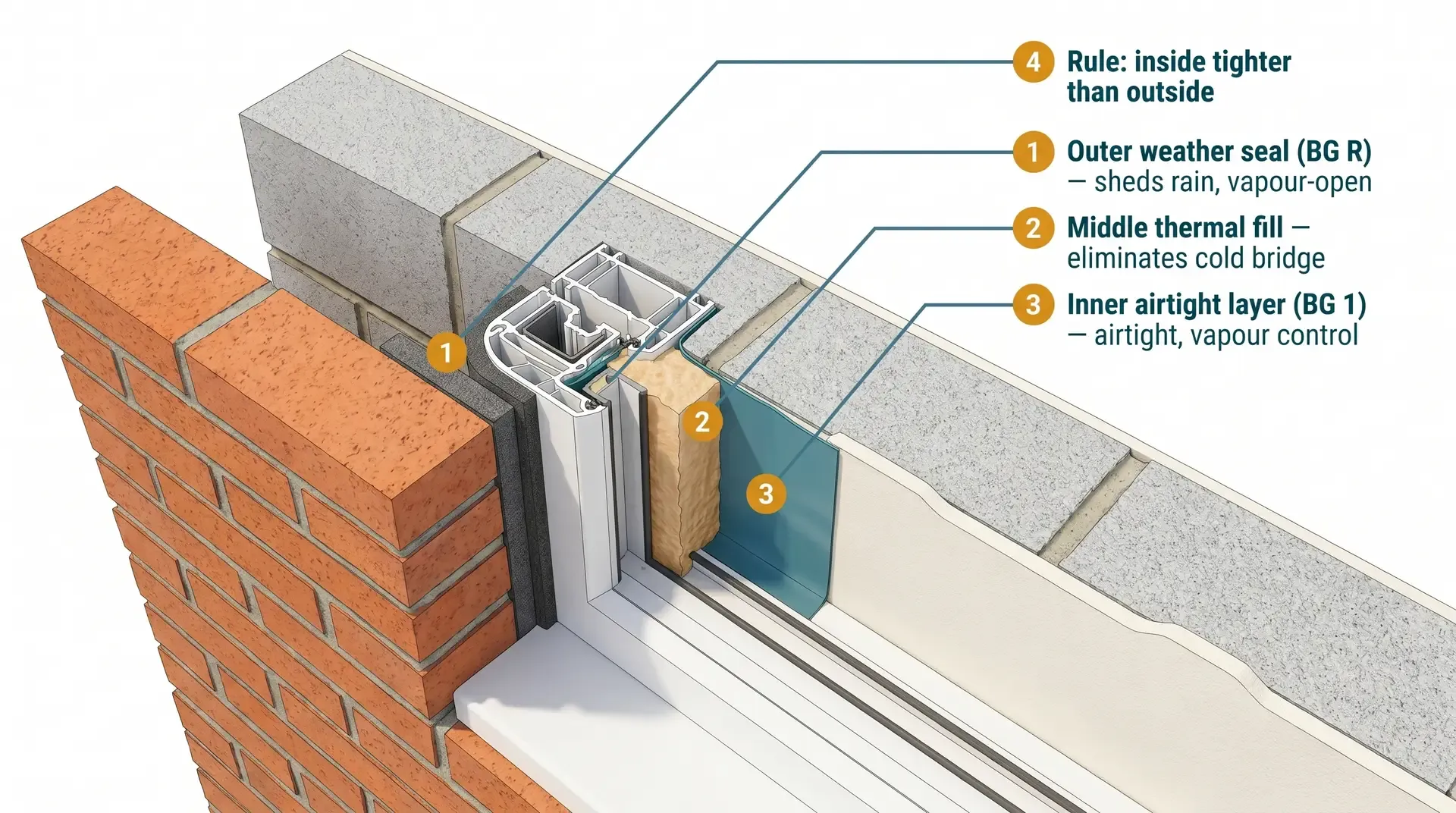 Horizontal cross-section through a window frame in a masonry cavity wall showing three distinct sealing layers between the frame and the reveal: a dark grey outer compressible tape (weather seal), an amber middle foam fill (thermal and acoustic), and a teal-blue inner airtight membrane, labelled with their functional roles from outside to inside.