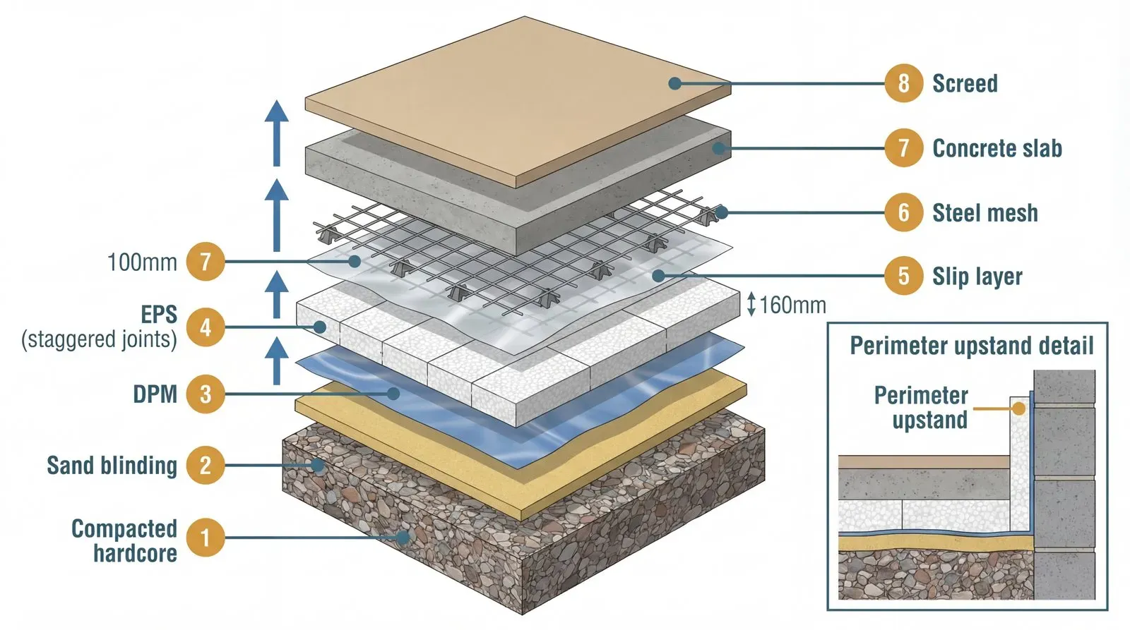Exploded isometric diagram of the 8-layer ground-bearing floor build-up with EPS insulation. Layers shown from bottom to top: compacted hardcore, sand blinding, 1200-gauge DPM, EPS boards with staggered joints, polythene slip layer, steel mesh on spacers, concrete slab, and screed. An inset detail at the corner shows the perimeter EPS upstand running from floor insulation level to the top of the screed at the wall junction.