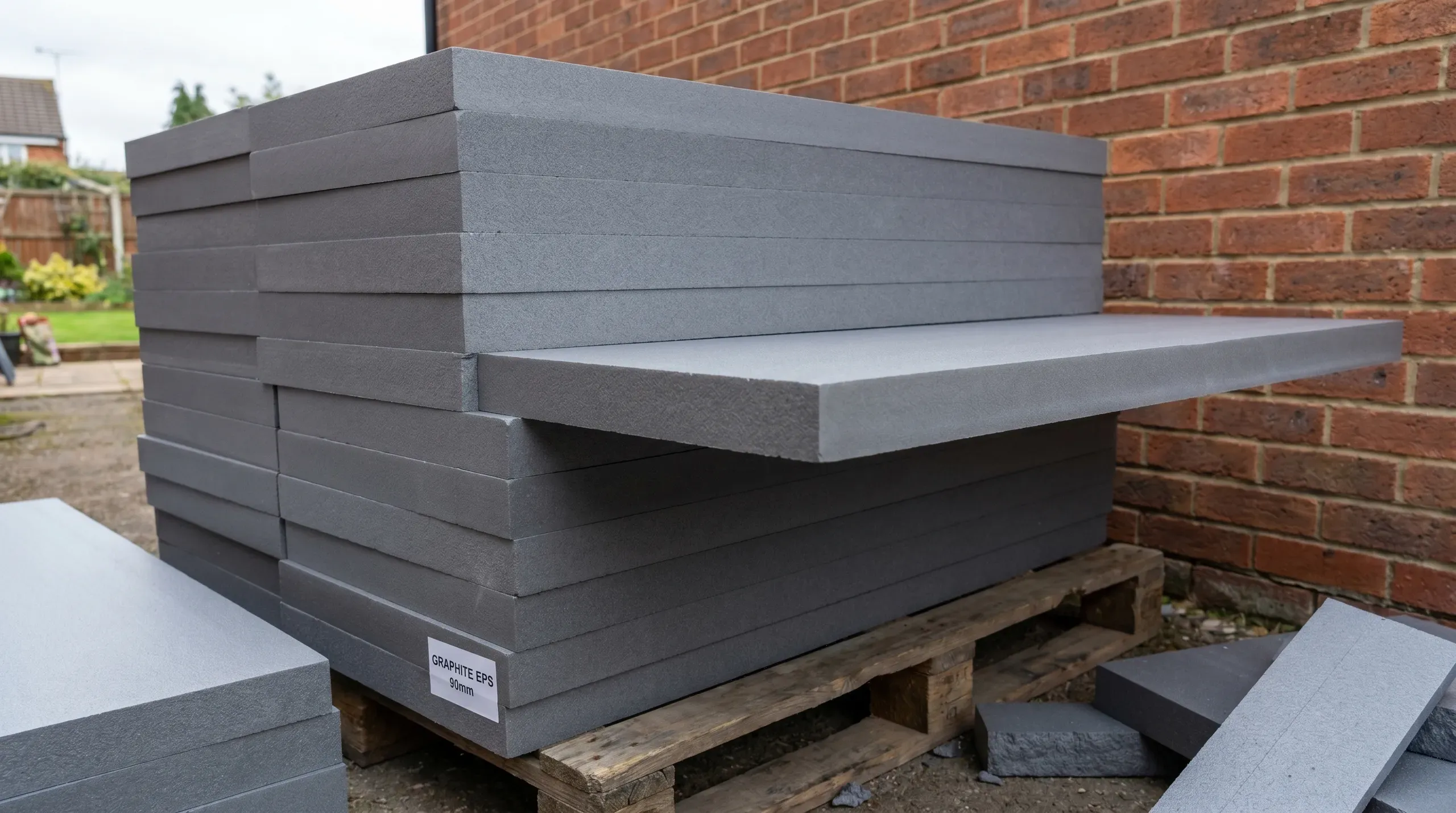 Stack of grey graphite EPS insulation boards on a pallet next to an external wall ready for EWI installation, showing the distinctive dark grey colour that distinguishes them from standard white EPS