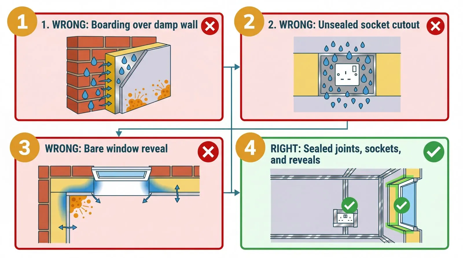 Four-panel flat vector infographic showing three common insulated plasterboard mistakes in red panels (boarding over a damp wall, leaving socket cutouts unsealed, and leaving window reveals bare) alongside a fourth green panel showing the correct approach with sealed joints, back-box extensions, and insulated reveal strips.