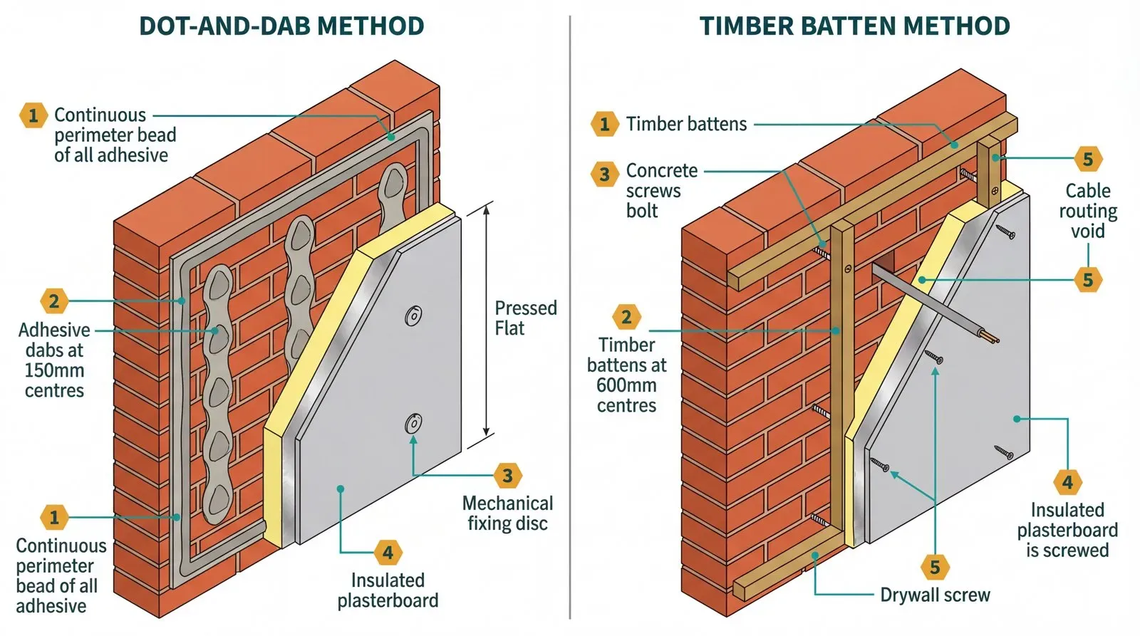 Side-by-side isometric cutaway comparing dot-and-dab adhesive fixing (left) showing continuous perimeter bead, central dabs, and mechanical fixings, versus timber batten fixing (right) showing horizontal and vertical battens at 600mm centres screwed into masonry with a cable routing void behind the board.