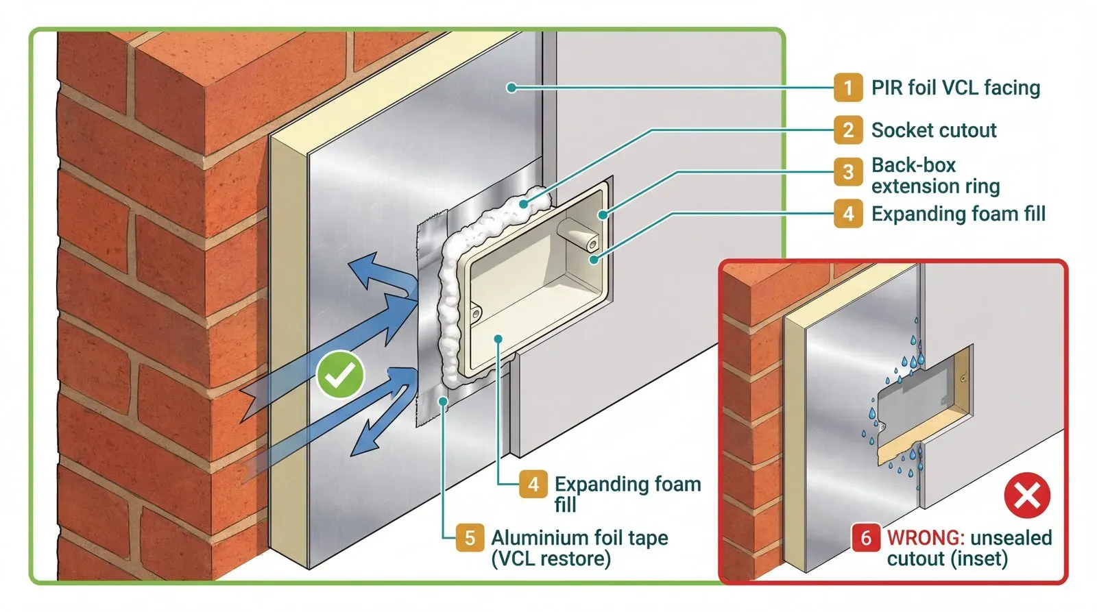 Isometric cutaway cross-section showing a socket cutout through insulated plasterboard correctly sealed with a back-box extension ring, expanding foam fill, and aluminium foil tape restoring the VCL, with an inset showing the wrong method: an unsealed cutout with condensation droplets forming behind the board.