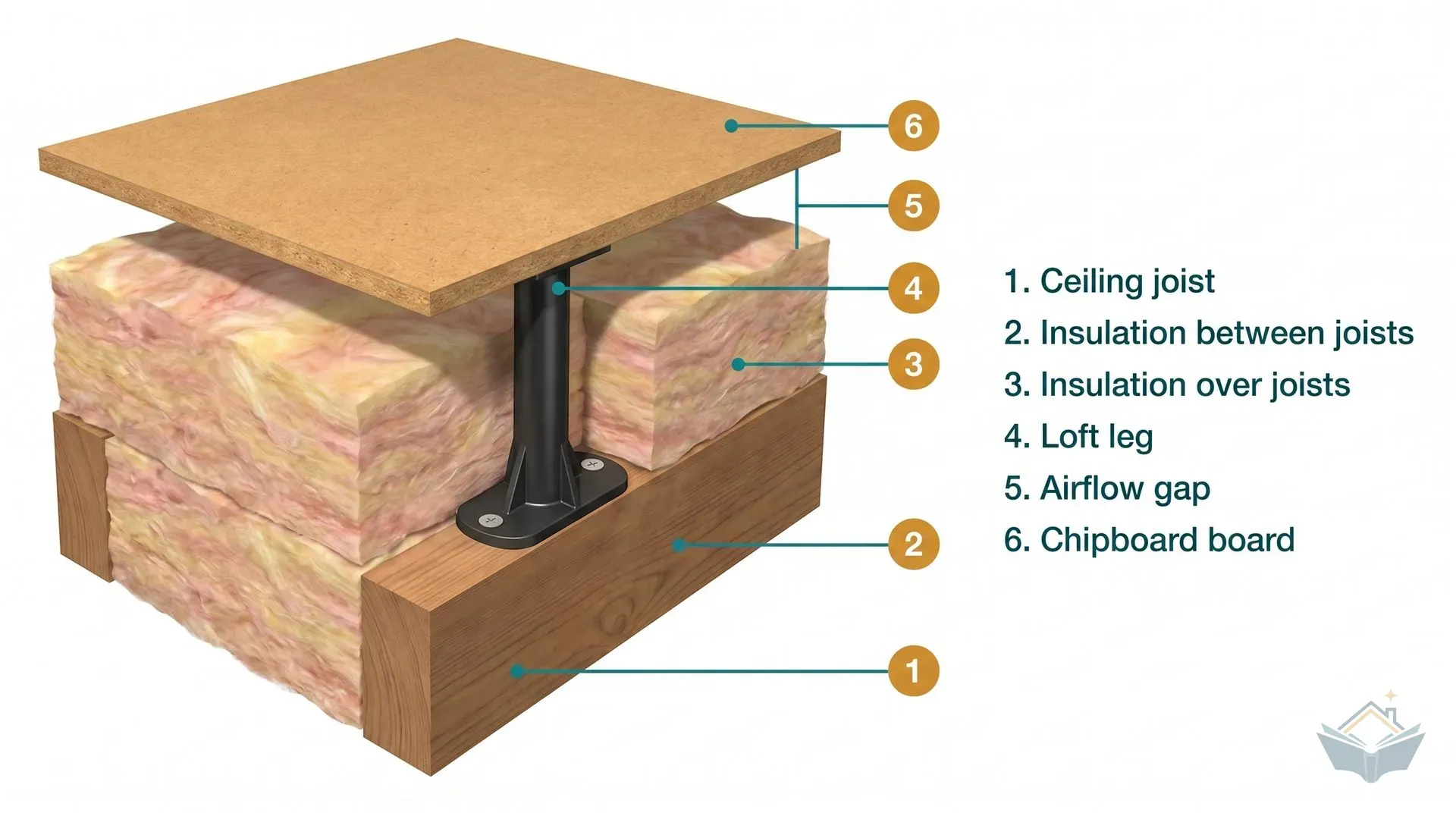 Annotated isometric cross-section of a UK loft floor build-up showing a 100mm timber ceiling joist at the base, two layers of mineral wool insulation (100mm between joists and 170mm crossways over joists), a generic 175mm black plastic stilt screwed to the joist top, a 50mm airflow gap above the insulation, and an 18mm chipboard storage board spanning across the top. Six numbered callouts identify each component in a legend panel on the right.