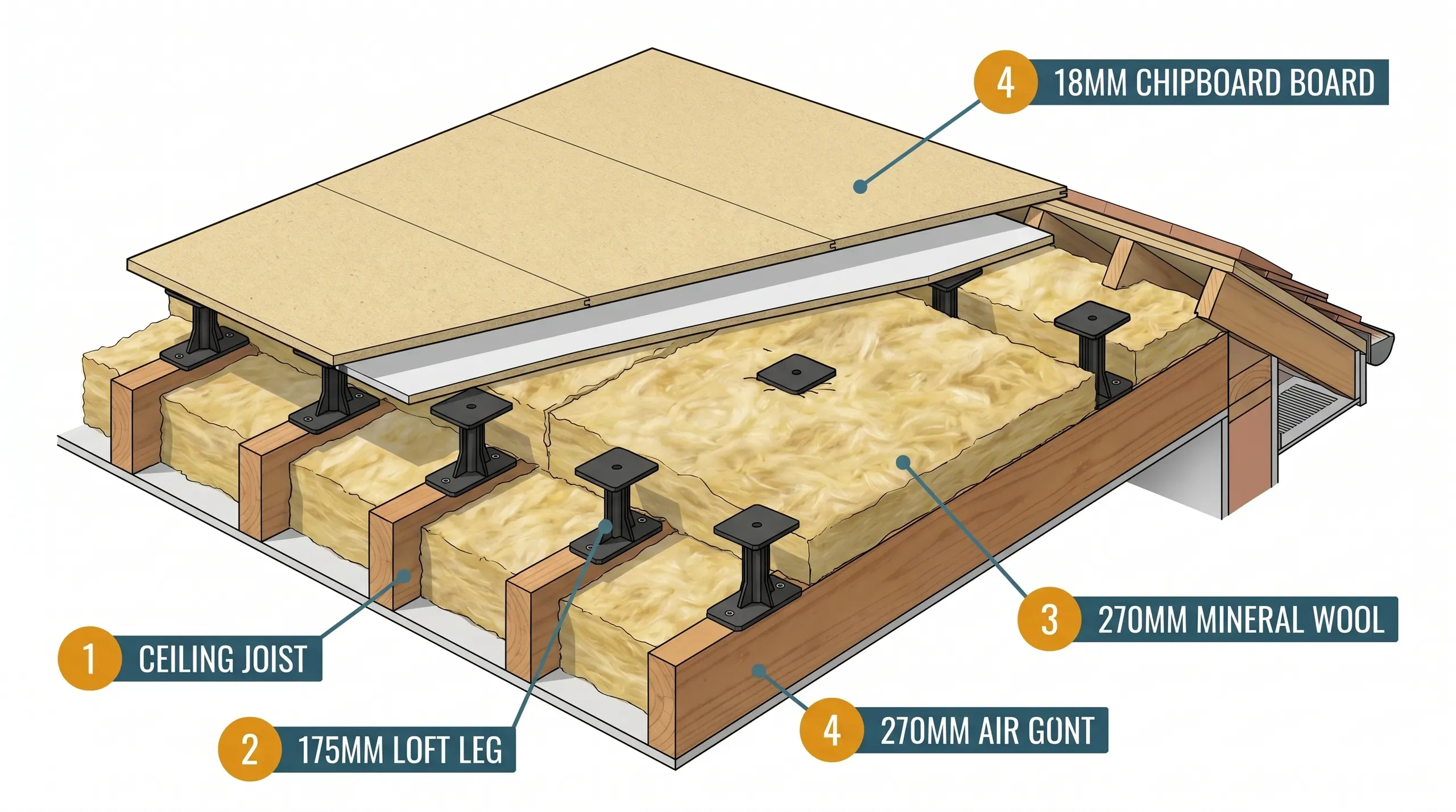 Black plastic Loft Leg stilts screwed to ceiling joists in a domestic loft, 175mm tall, with mineral wool insulation rolled out between joists and 18mm chipboard storage boards being laid across the tops