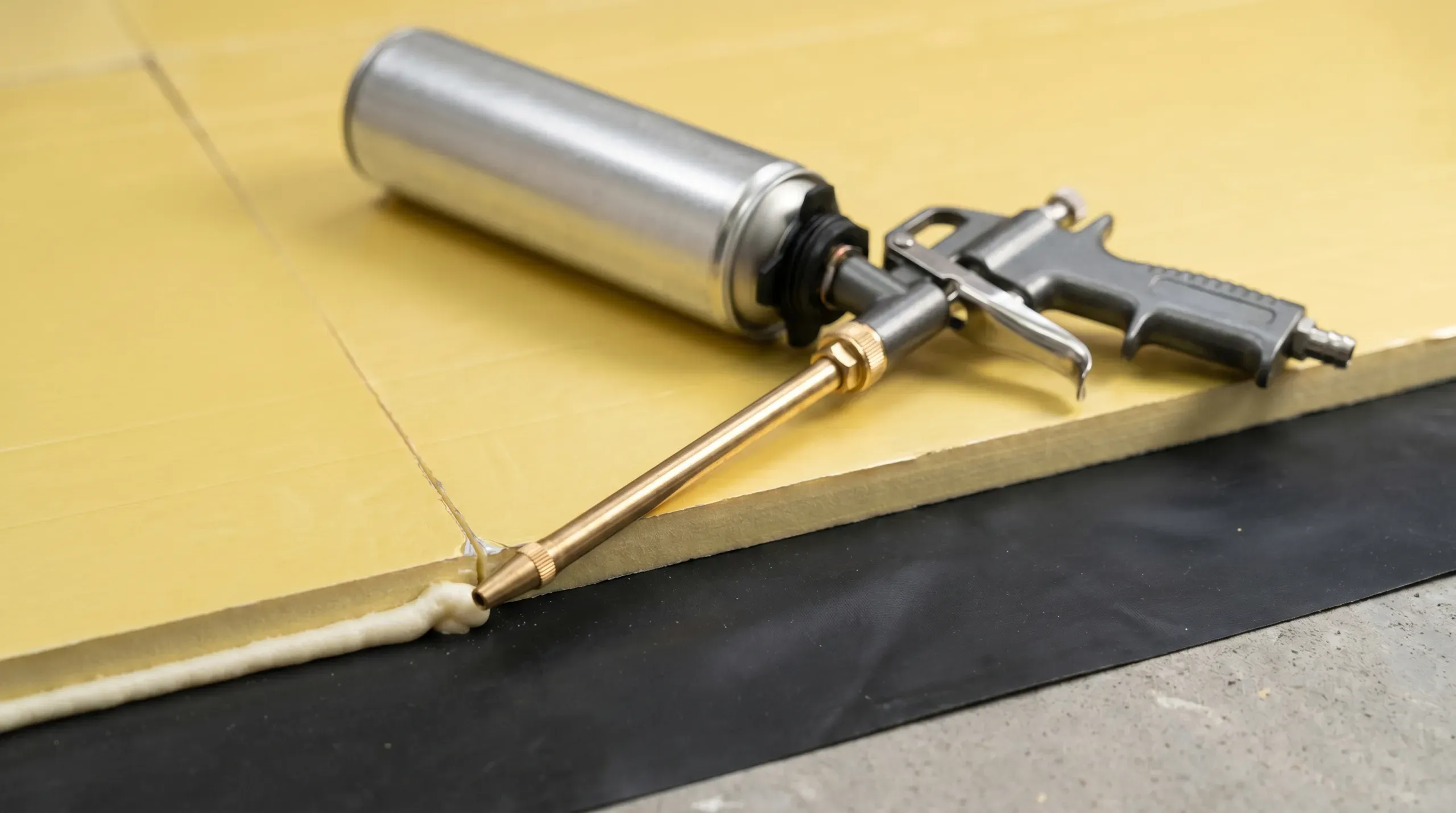 A 750ml can of low-expansion polyurethane foam mounted on a metal applicator gun, with the long nozzle injecting a controlled bead of foam into the gap between two PIR insulation boards on a concrete slab