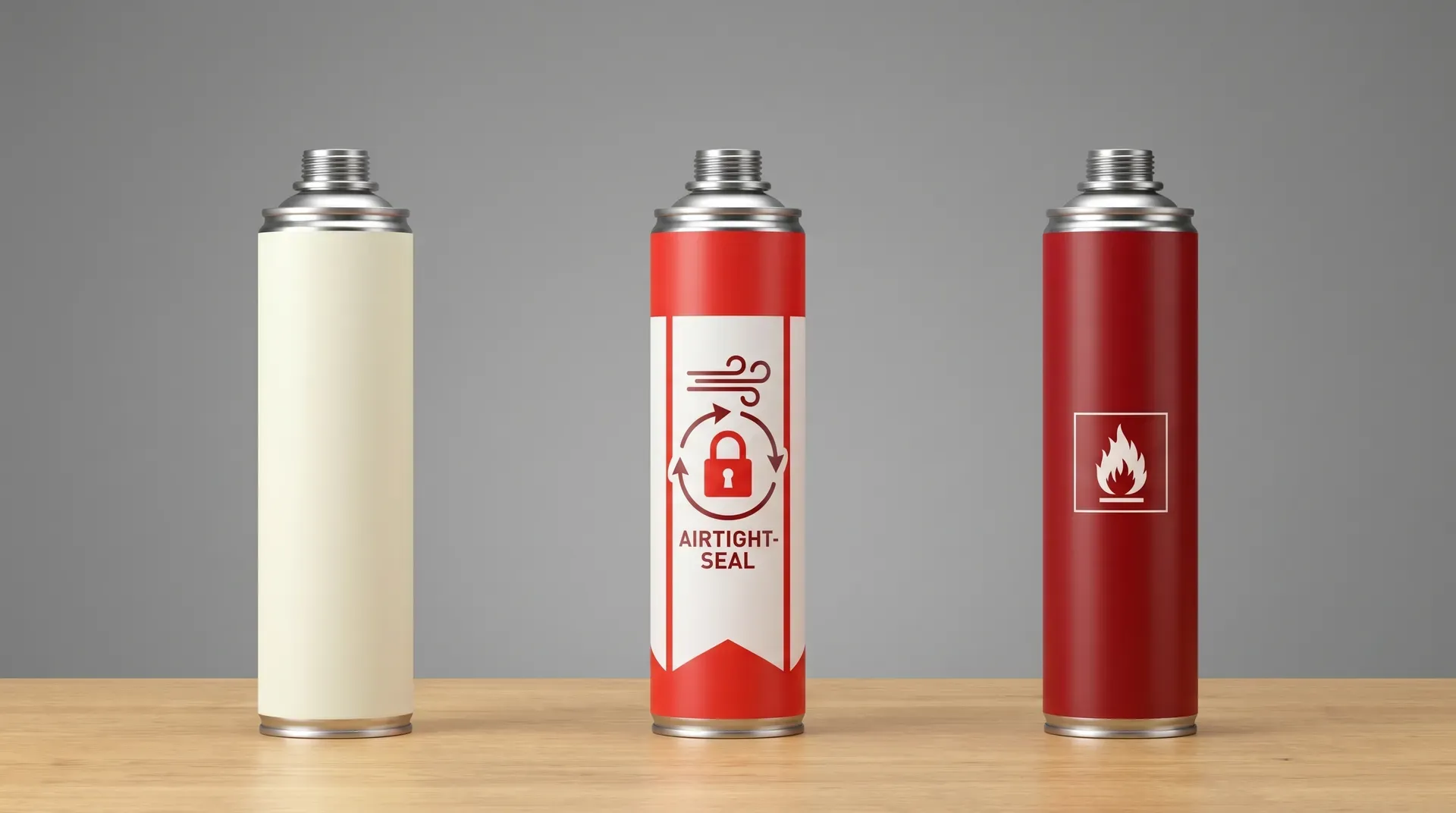 Three 750ml gun-grade polyurethane foam cans side by side on a workshop bench: a cream-labelled standard low-expansion gap-filler can on the left, a red-and-white labelled airtight foam can in the centre, and a deep red fire-rated can with a flame symbol on the right. All three have metal threaded valve fittings for use with a foam gun.