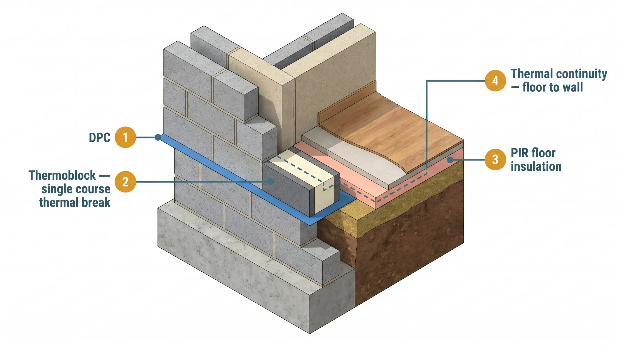 Single course of Marmox Thermoblock laid on a fresh DPC at the base of a cavity wall, with the white XPS core visible between the polymer cement faces and standard concrete blocks beginning above