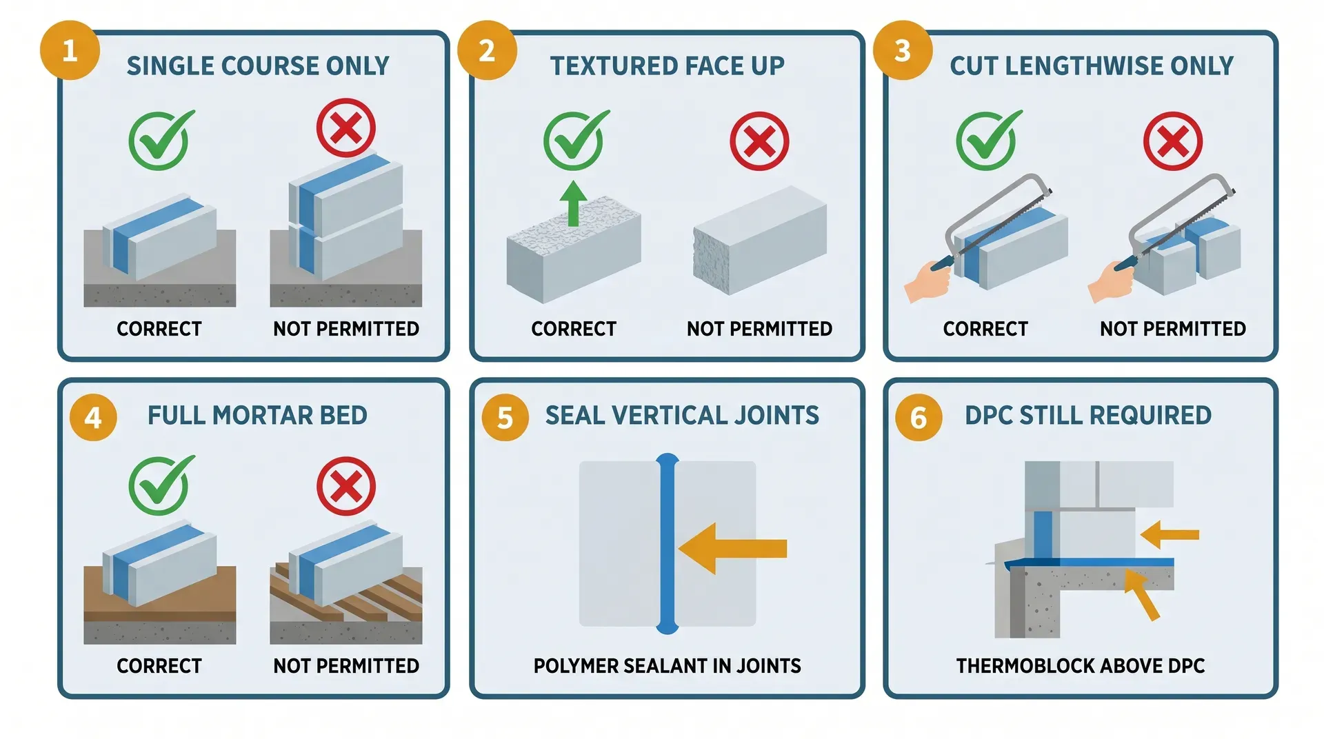 Six-panel grid infographic showing Thermoblock installation rules: single course only, textured face up, cut lengthwise only, full mortar bed, seal vertical joints with polymer sealant, and DPC still required beneath the Thermoblock course.