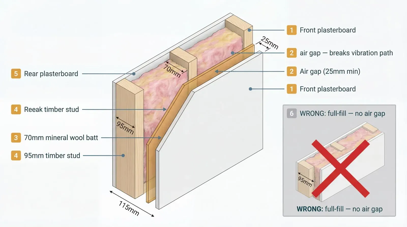 Isometric cutaway of a 95mm timber stud partition showing 70mm mineral wool batt with a 25mm air gap between the wool and the front plasterboard face, showing the correct acoustic installation. A small inset in the corner shows the wrong approach: a full-fill 95mm cavity with wool touching both plasterboard faces, marked with a red X.