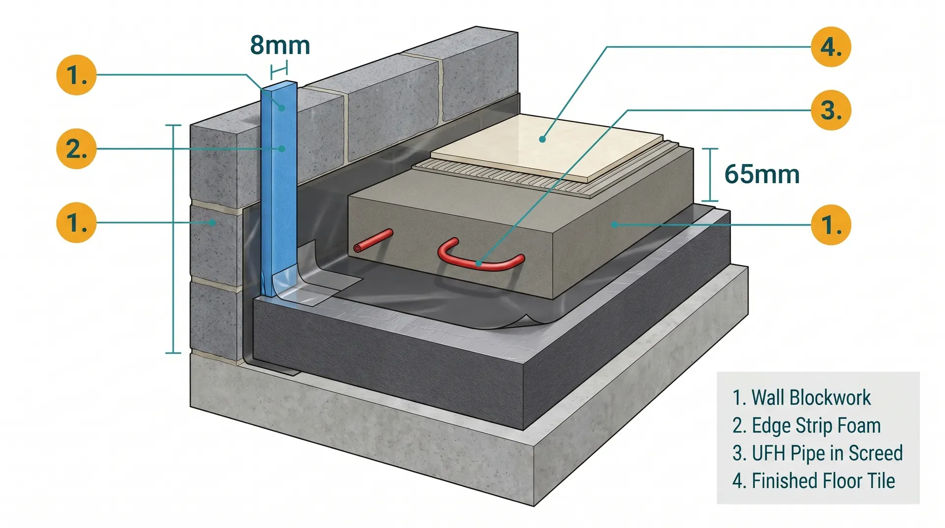 Annotated vertical cross-section through the wall-floor junction of a screed floor build-up, showing concrete block wall, PIR insulation board, DPM separation layer, blue foam perimeter edge strip with skirt-flap, UFH pipe embedded in screed, and finished floor tile. Callouts identify wall blockwork, edge strip foam at 8mm, UFH pipe in the 65mm screed layer, and the finished floor tile.