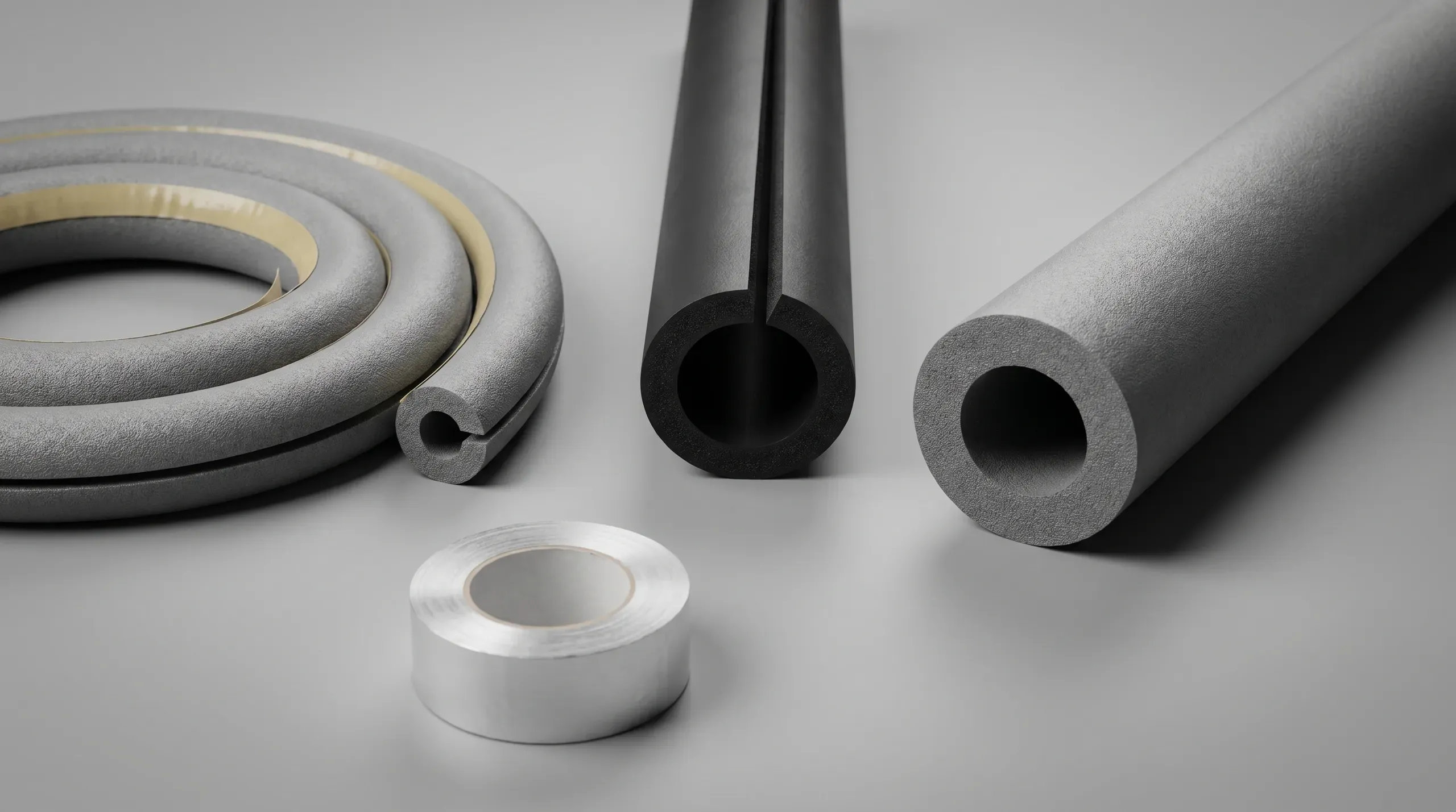 Coils of grey polyethylene foam pipe lagging stacked next to a length of black Armaflex nitrile rubber lagging on a builders merchant shelf, both shown pre-slit with adhesive seam strip