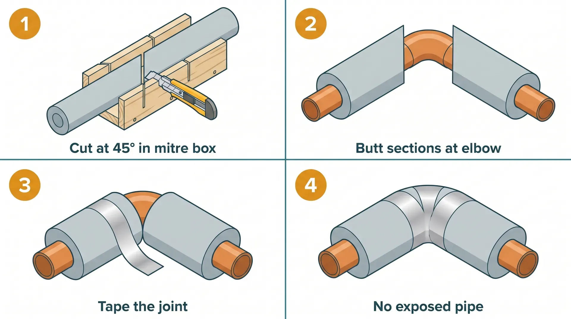 Four-panel step-by-step illustration showing how to lagg a 90-degree copper pipe elbow with foam pipe insulation: panel 1 shows cutting foam at 45 degrees in a mitre box, panel 2 shows two mitre-cut sections butted together around the elbow, panel 3 shows aluminium foil tape being applied over the joint, and panel 4 shows the finished elbow with no exposed copper pipe.