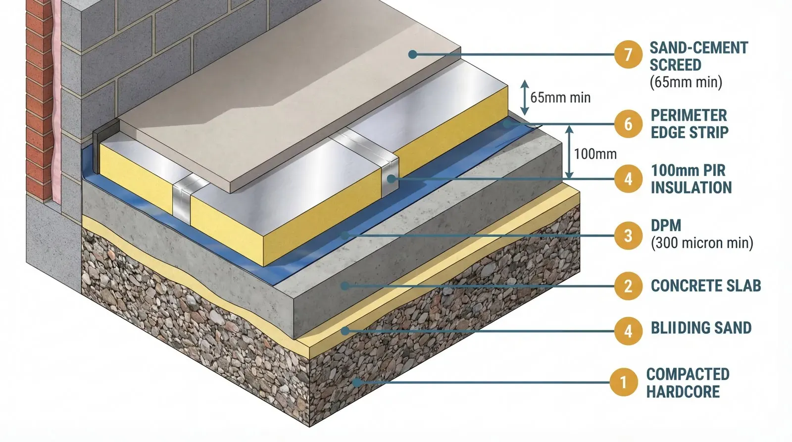 Isometric cutaway of a solid floor build-up showing DPM, 100mm PIR insulation boards with foil tape on joints, perimeter edge strip, and sand-cement screed layer above