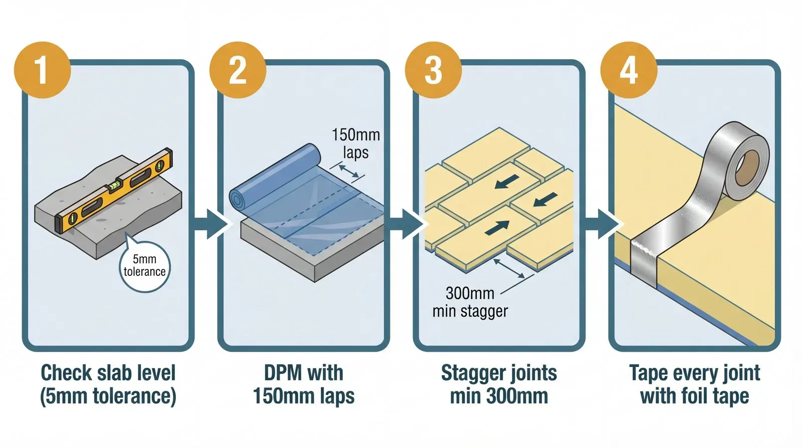 Four-panel infographic showing the key steps for fitting 100mm PIR insulation boards on a concrete slab floor: checking the slab is level to a 5mm tolerance, laying the DPM with 150mm overlaps, placing boards in a staggered bond pattern with joints offset by at least 300mm, and applying aluminium foil tape across every board joint.