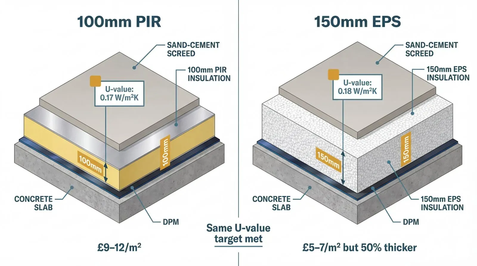 Side-by-side isometric cutaway comparison of two floor build-ups: a 100mm PIR board (yellow/gold with foil faces, U-value 0.17 W/m²K, £9–12/m²) versus a 150mm EPS board (white beaded texture, U-value 0.18 W/m²K, £5–7/m²), both achieving the same Part L floor target, with the EPS build-up visibly taller.