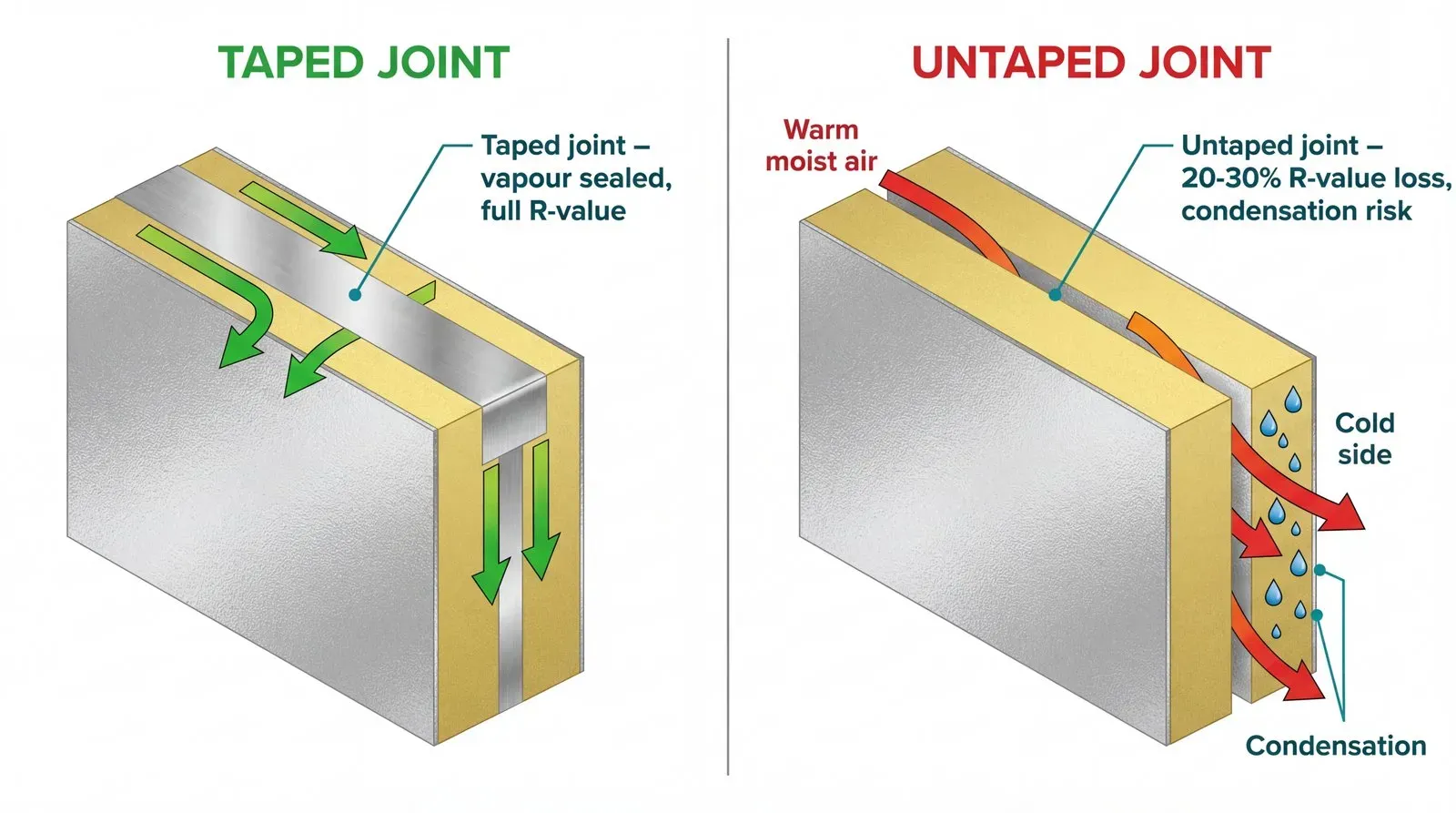 Side-by-side isometric cutaway comparison of two PIR board joints: the left panel shows a properly taped joint with aluminium foil tape sealing the gap and arrows indicating warm air is blocked; the right panel shows an untaped joint with arrows showing warm moist air penetrating through the gap and condensation forming on the cold side.