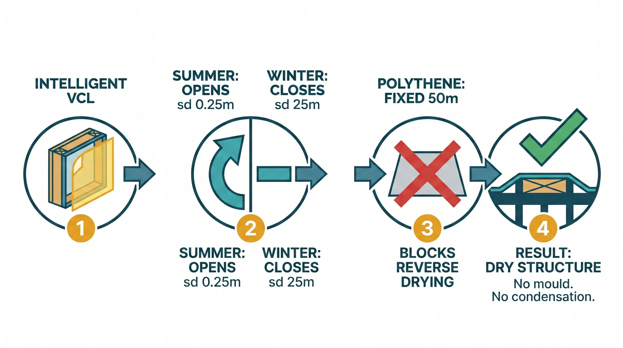 Continuous translucent intelligent vapour control membrane stapled to the warm side of timber-frame insulation, with sealed taped laps and a 25mm service-void batten cavity for cables in the foreground