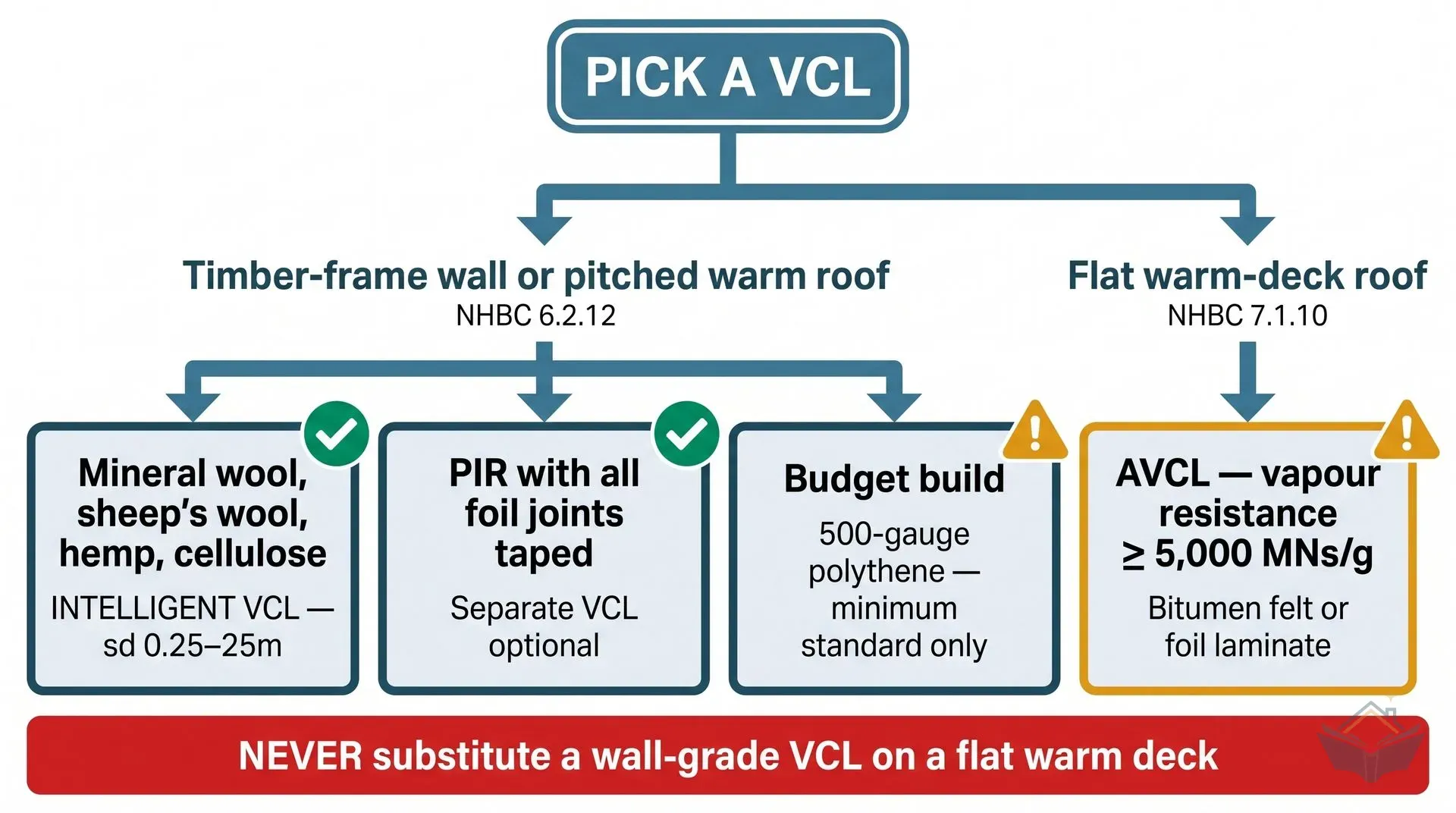 Decision flowchart splitting into two branches from a top 'Pick a VCL' node: the left branch for timber-frame walls and pitched warm roofs under NHBC 6.2.12 shows three outcome cards covering intelligent VCL for breathable insulation, optional VCL for taped PIR, and 500-gauge polythene as a budget minimum; the right branch for flat warm-deck roofs under NHBC 7.1.10 shows a single card requiring an AVCL with vapour resistance of at least 5,000 MNs/g. A red caution strip at the bottom warns never to substitute a wall-grade VCL on a flat warm deck.