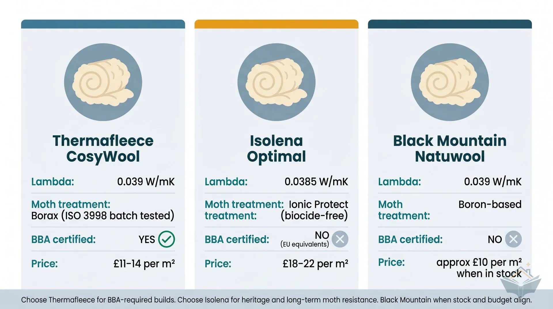 Infographic dashboard comparing three UK sheep wool insulation products side by side. Three vertical cards show Thermafleece CosyWool (lambda 0.039 W/mK, borax moth treatment, BBA certified YES, £11–14 per m²), Isolena Optimal (lambda 0.0385 W/mK, Ionic Protect biocide-free treatment, BBA certified NO with EU equivalents, £18–22 per m²), and Black Mountain Natuwool (lambda 0.039 W/mK, boron-based treatment, BBA certified NO, approx £10 per m² when in stock). A footer strip reads: Choose Thermafleece for BBA-required builds. Choose Isolena for heritage and long-term moth resistance. Black Mountain when stock and budget align.
