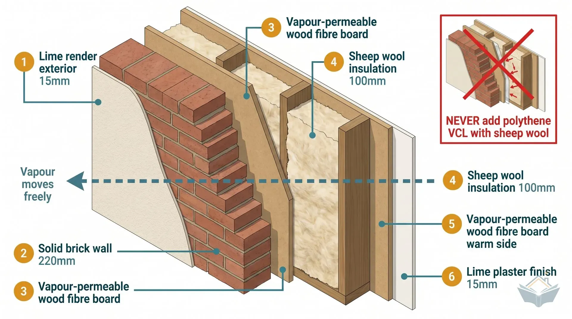 Isometric cutaway cross-section showing a pre-1919 solid-wall heritage retrofit assembly from exterior to interior: breathable lime render finish, 220mm solid brick wall, air cavity, vapour-permeable wood fibre board, 100mm sheep wool insulation between timber studs, vapour-permeable wood fibre board on the warm side, and lime plaster finish. A teal arrow labelled Vapour moves freely runs through every layer. An inset warning panel in the upper right shows a red cross over a polythene VCL with the text NEVER add polythene VCL with sheep wool.