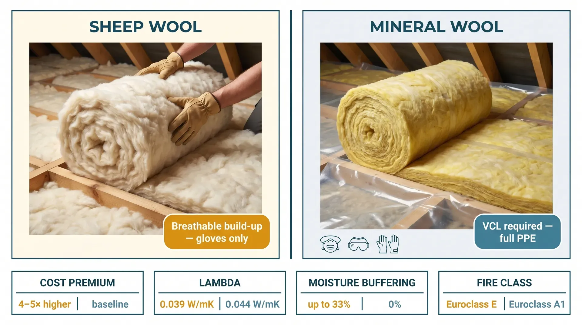 Side-by-side infographic comparing sheep wool insulation (left, cream, no VCL, gloves only) against mineral wool insulation (right, yellow, polythene VCL visible, full PPE icons), with a stats row below showing cost premium, lambda value, moisture buffering capacity, and fire class for each material.