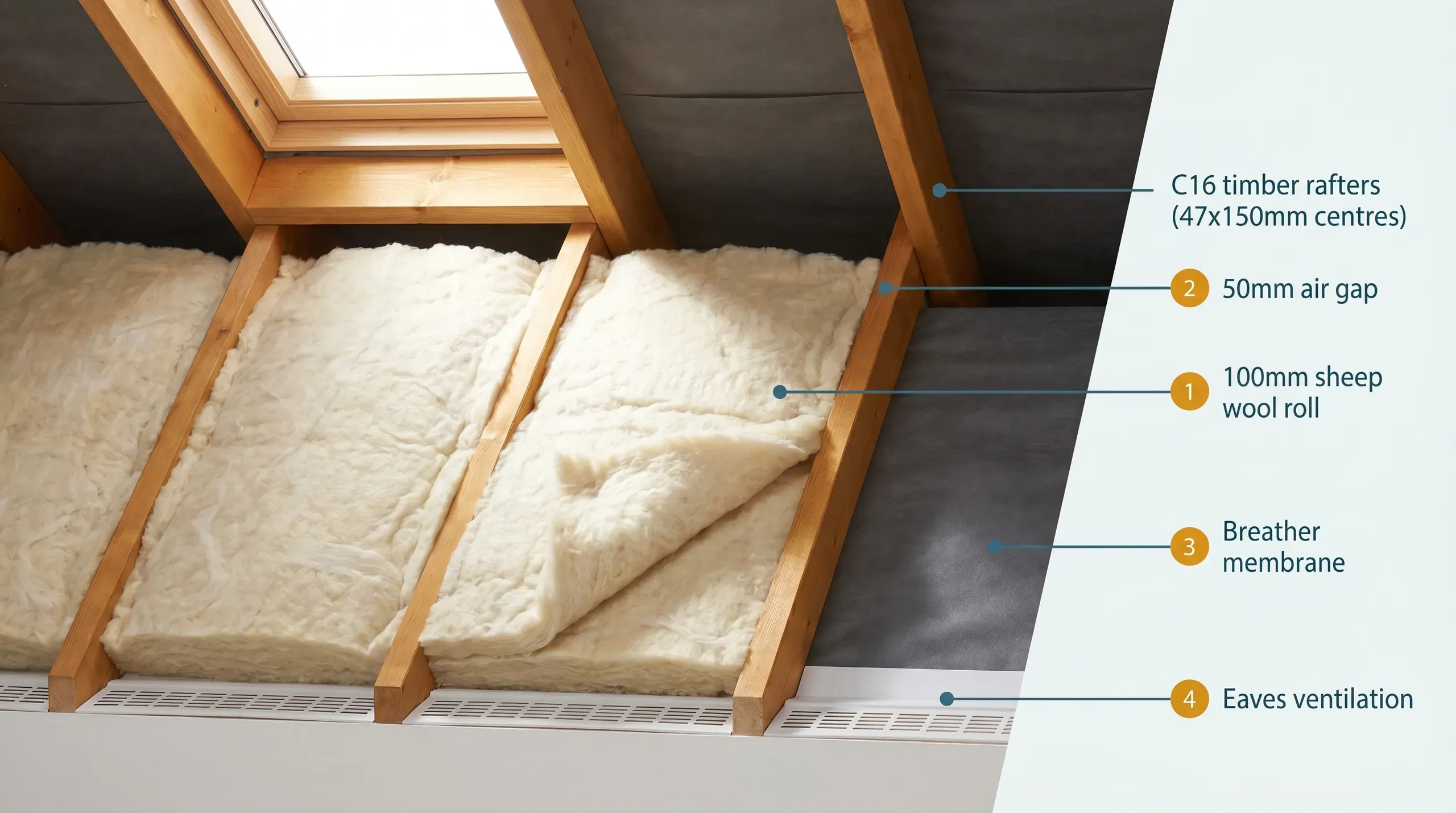 Thick natural sheep wool insulation roll partly unrolled between timber rafters in a UK loft, showing the soft fibrous texture and creamy off-white colour that distinguishes wool insulation from yellow glass wool