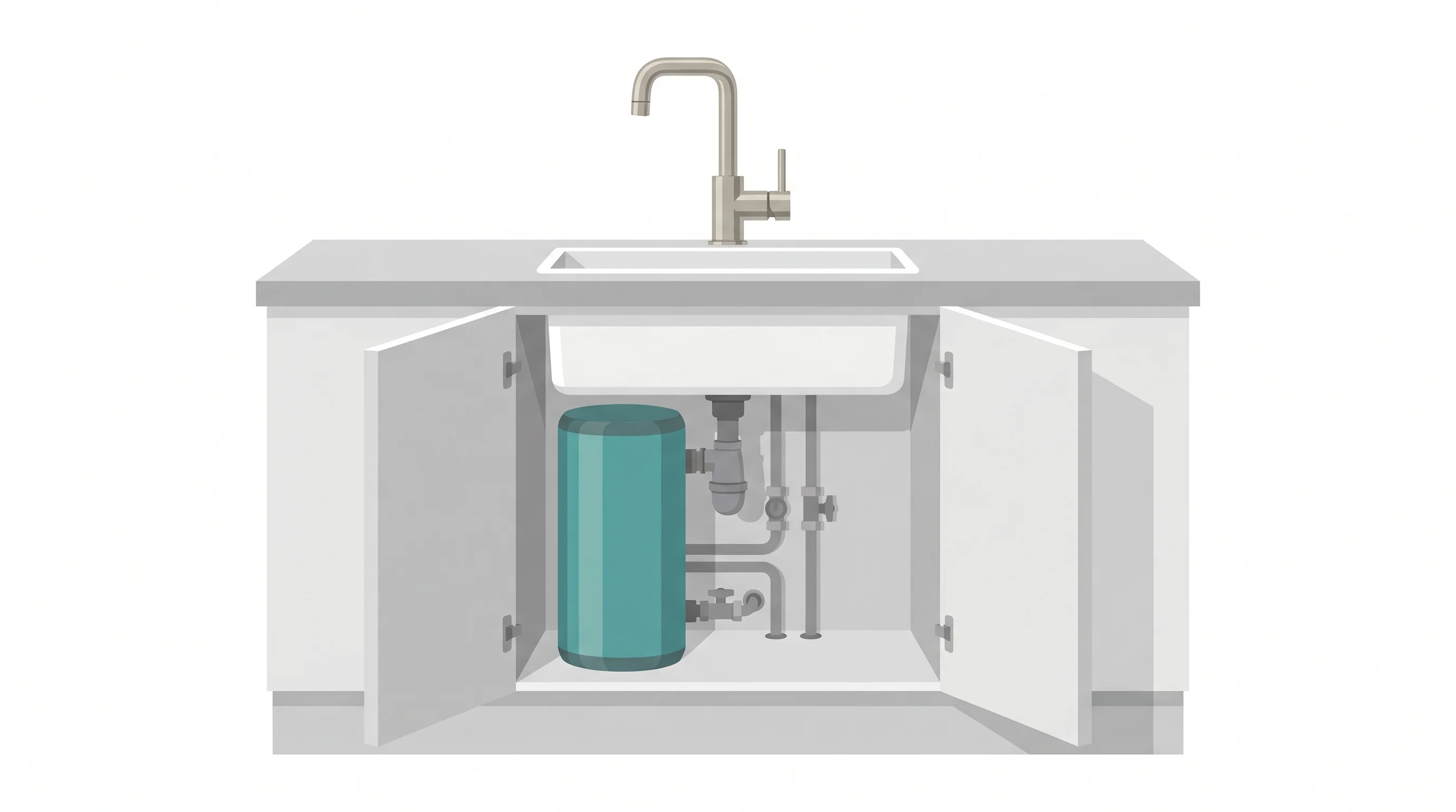 A brushed steel boiling water tap over a white undermount kitchen sink, with a small under-counter tank unit visible in the open cabinet below