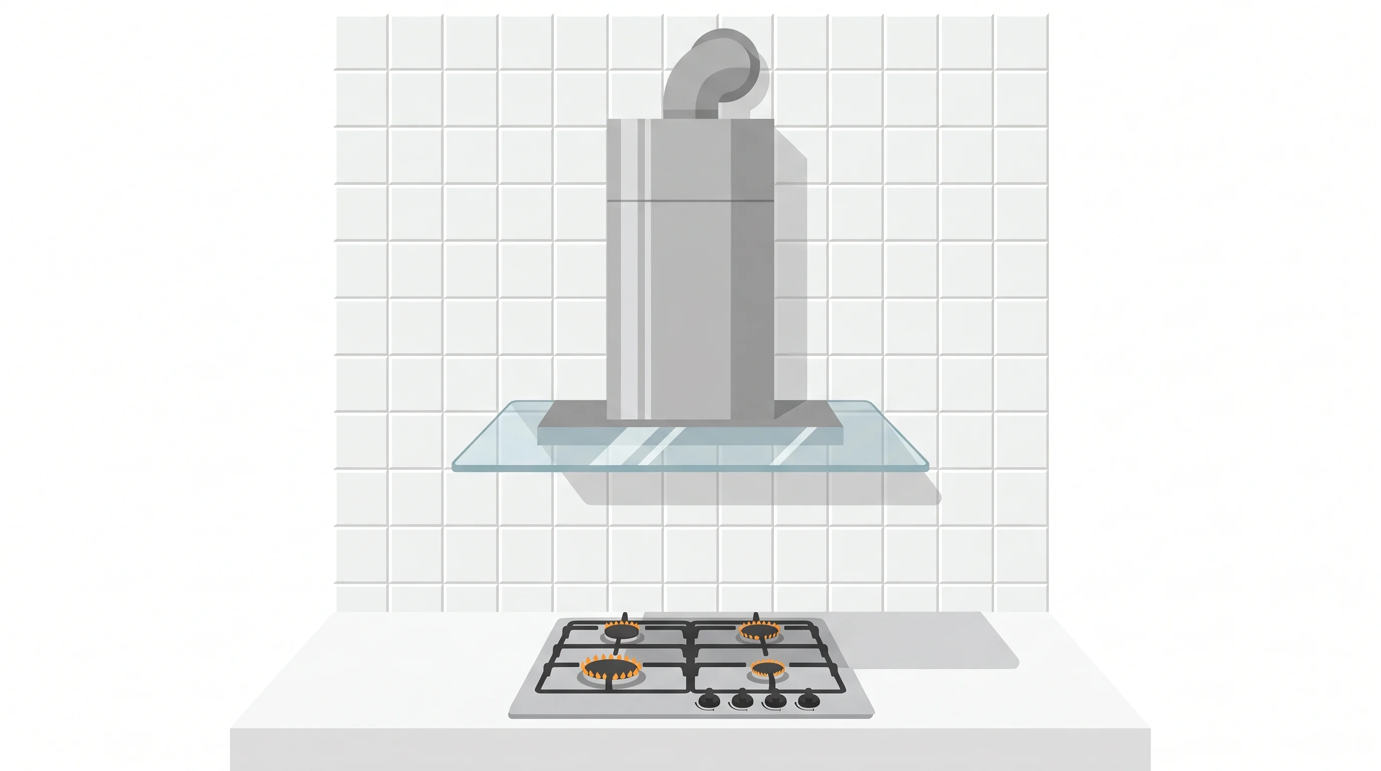 A stainless steel chimney cooker hood mounted above a gas hob on a kitchen island, with white cabinetry and a tiled splashback, in a bright modern kitchen extension