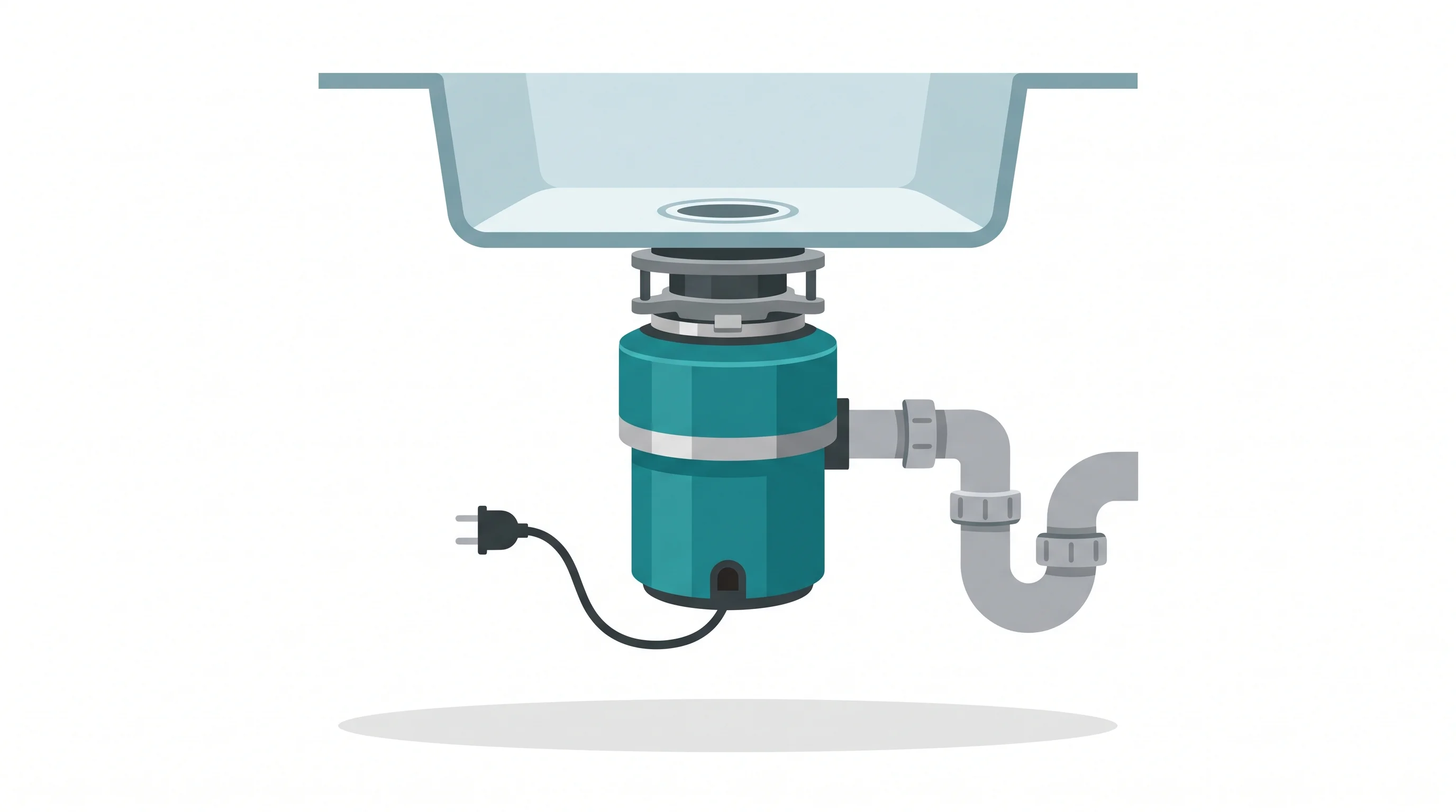 An under-sink waste disposal unit (a compact cylindrical stainless-steel motor housing) mounted to the outlet of a stainless steel kitchen sink with a grey plastic collar visible at the drain