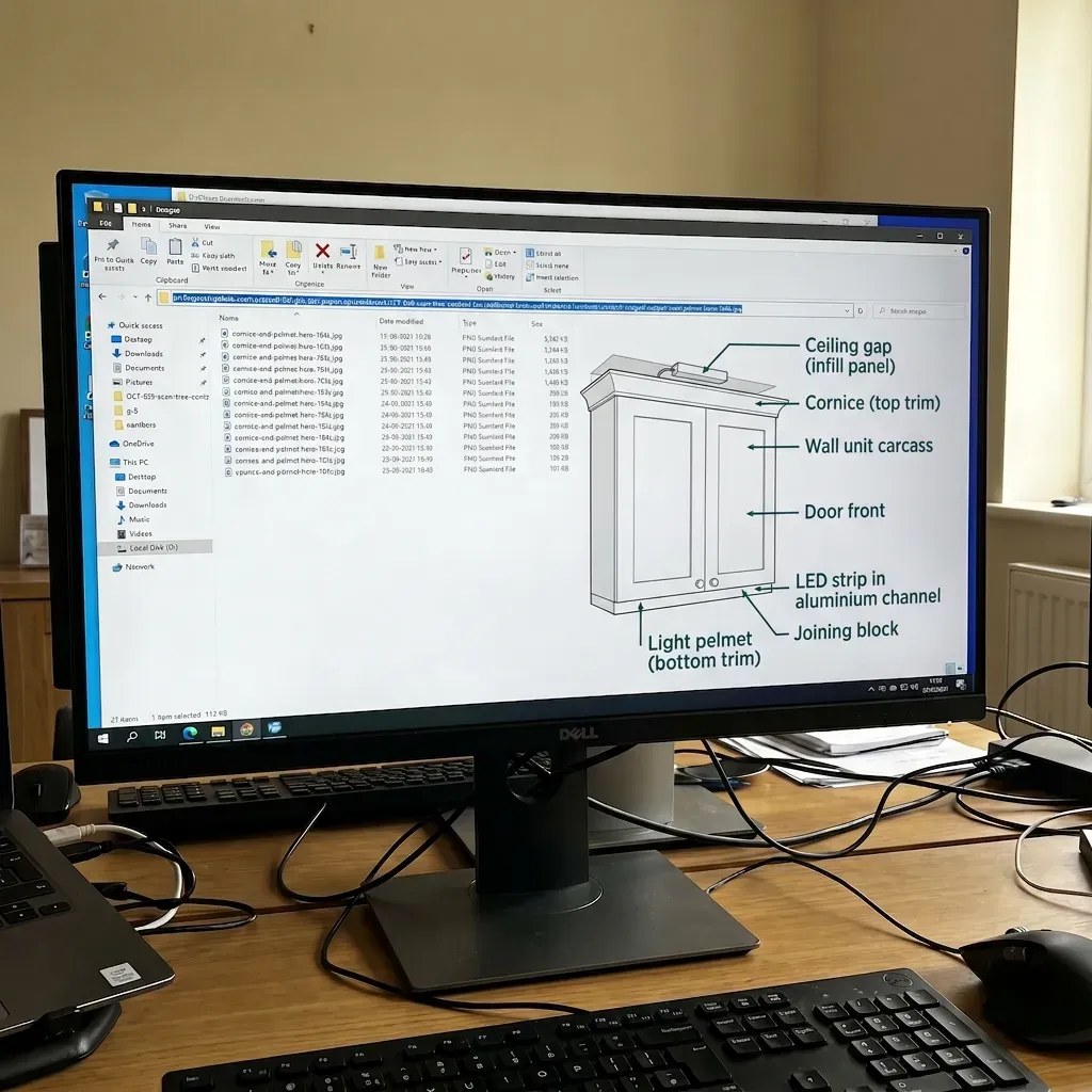 Cross-section diagram of a kitchen wall unit showing cornice fitted to the top and light pelmet fitted to the underside, with LED strip and aluminium channel concealed inside the pelmet groove and a 70mm gap above the cornice to the ceiling labelled