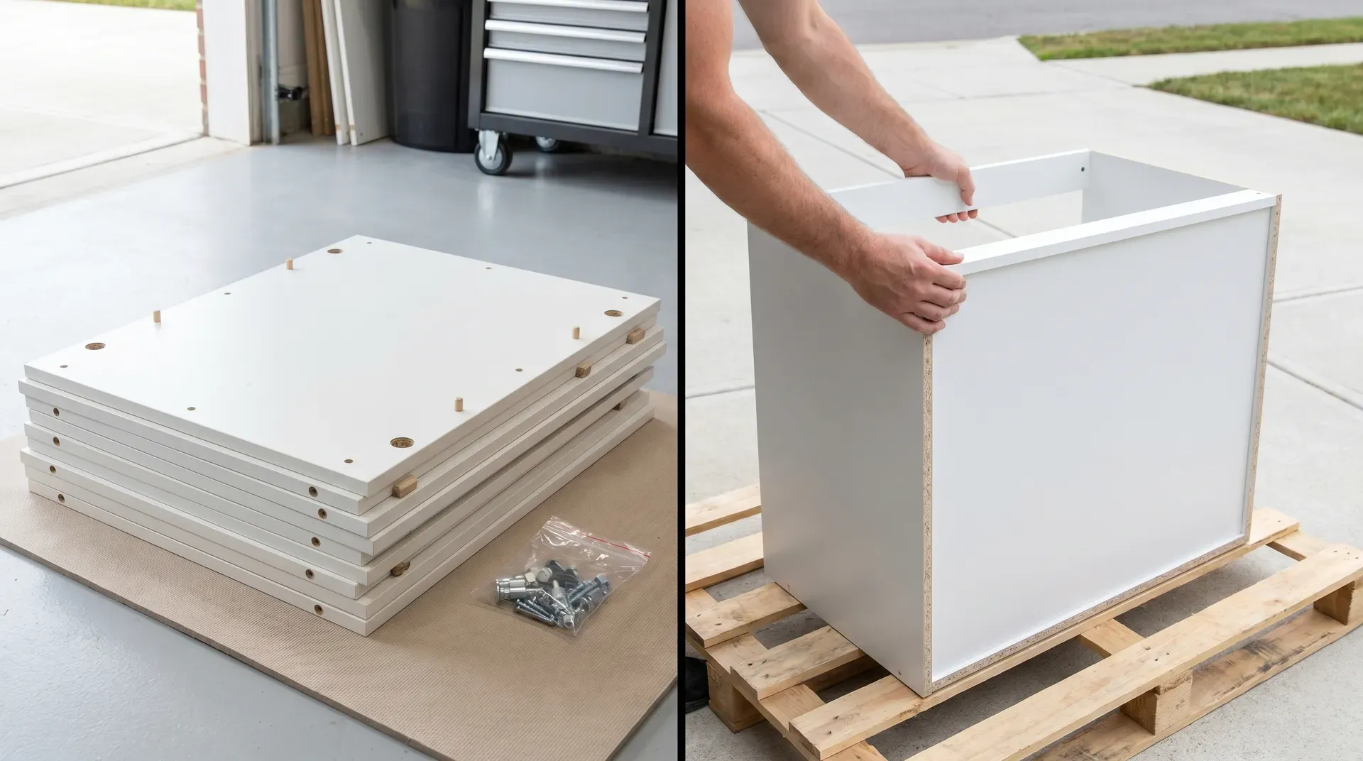 A side-by-side comparison showing flat-pack kitchen cabinet panels with pre-drilled cam-lock holes, dowels, and fixings laid out on a van floor on the left, and a fully assembled rigid base unit carcass being lifted off a delivery pallet by a fitter on the right. The contrast between the unassembled flat panels and the factory-squared rigid box illustrates the key difference in delivery format.