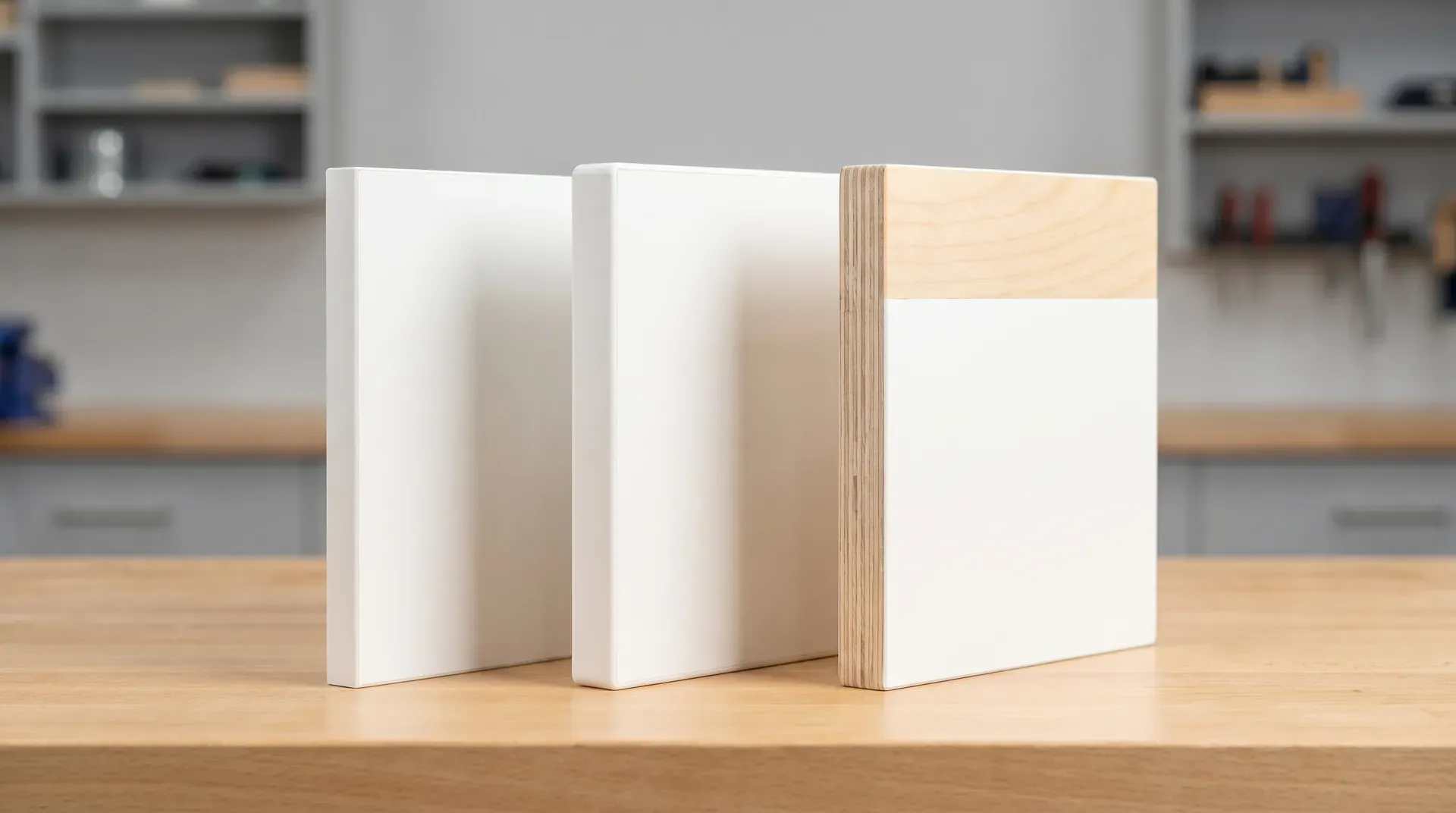 Three kitchen carcass side panels standing vertically side by side: a 15mm MFC panel with thin melamine tape edging on the left, an 18mm MFC panel with a clearly thicker 2mm ABS front edge in the centre, and an 18mm birch plywood panel with exposed cross-grain veneer layers visible on the top edge on the right. The thickness difference between 15mm and 18mm edgebanding is clearly visible.
