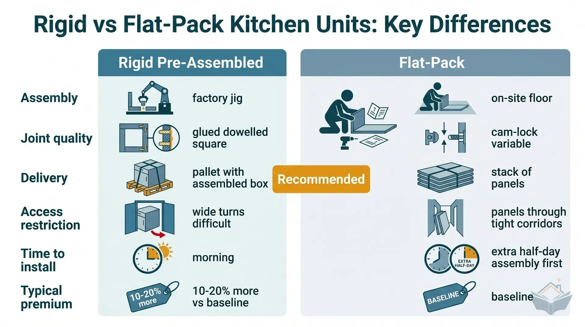 Four-panel flat vector infographic comparing rigid and flat-pack kitchen unit carcasses. Panel 1: rigid carcass arrives factory-assembled from pallet, labelled glued and dowelled. Panel 2: flat-pack panels arrive as a stack with cam locks and bag of screws. Panel 3: rigid installation timeline showing a morning to position a full kitchen. Panel 4: flat-pack assembly timeline showing half a day before fitting can begin. Amber numbered circles, teal header bars, dark teal labels on white background.