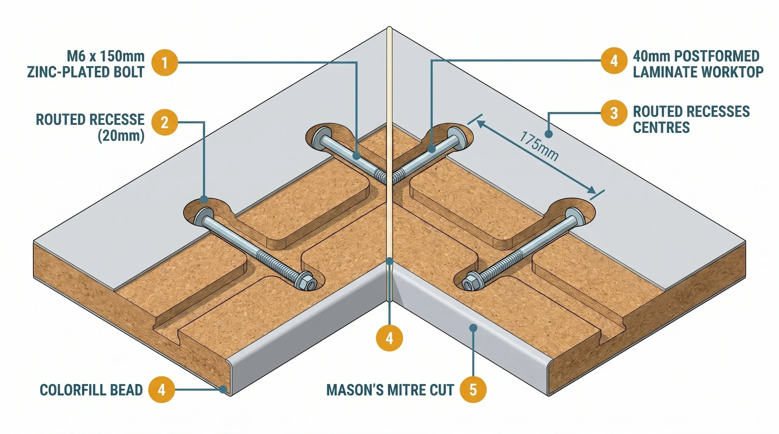 Technical cutaway diagram showing three M6 x 150mm worktop connecting bolts seated in dog-bone shaped routed recesses on the underside of two joined laminate worktop sections, with ColorFill sealant bead between the cut faces and bolt spacing annotations