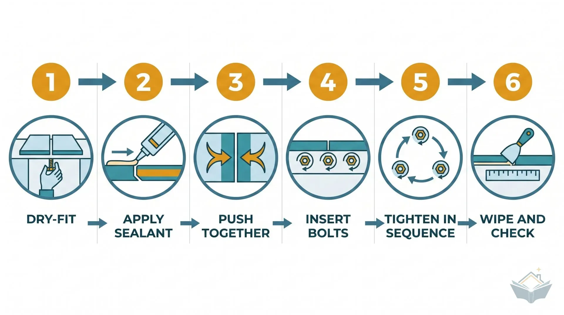 Six-step process infographic showing the correct sequence for joining two laminate worktop sections: dry-fit the sections with bolts in the routed recesses, apply laminate joint sealant generously to both cut faces, push the sections together within sixty seconds, insert all three bolts hand-tight, tighten alternating a quarter turn at a time across all three bolts until snug, then wipe excess sealant and check the joint is flush with a ruler.