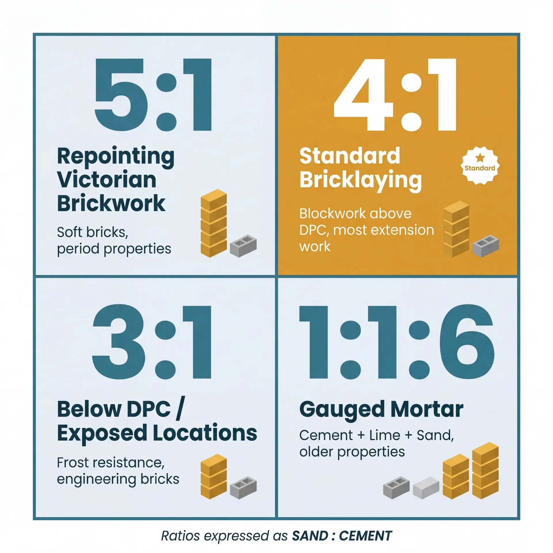 2x2 grid reference card showing four mortar mix ratios: 5:1 for repointing Victorian brickwork, 4:1 (highlighted as standard) for general bricklaying above DPC, 3:1 for below-DPC and exposed locations, and 1:1:6 gauged mortar for older properties. Each panel shows stacked block icons proportional to the sand:cement ratio.